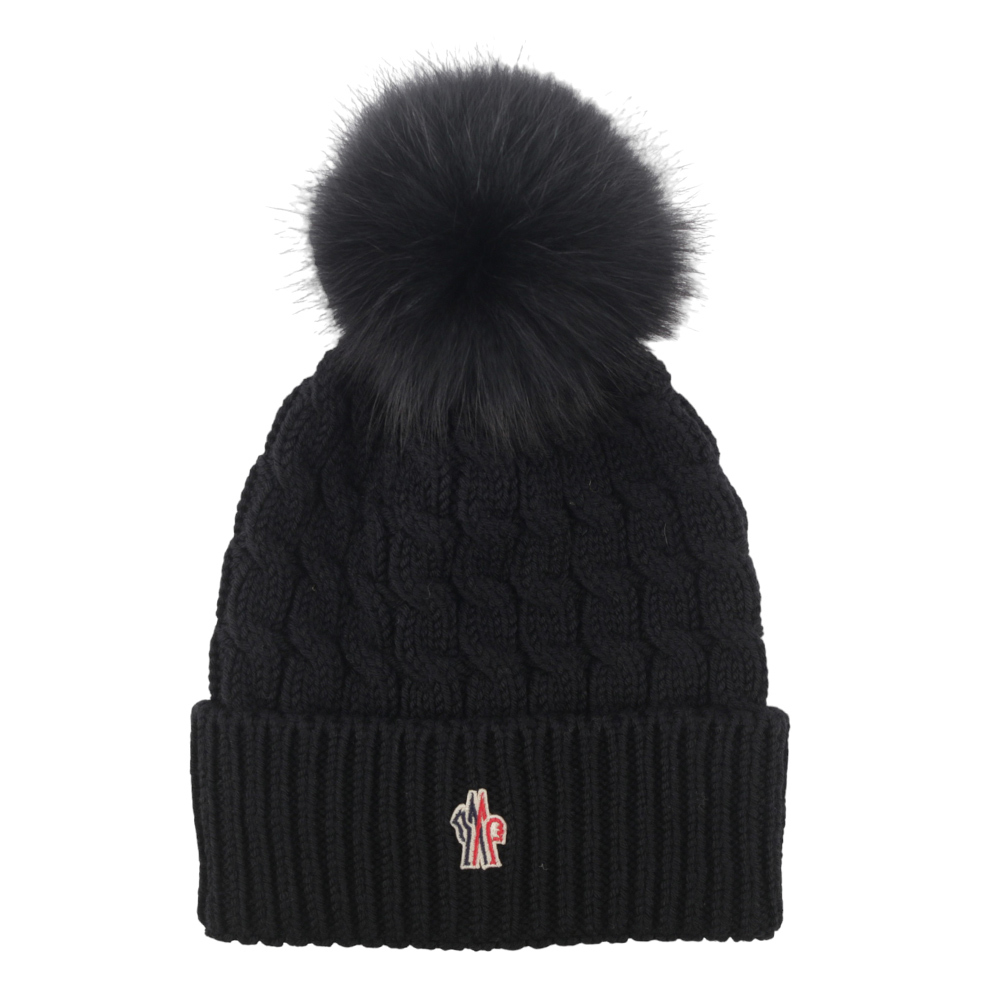 【Moncler】毛球Logo 麻花羊毛毛帽(黑色) 3B00018 0402A 999
