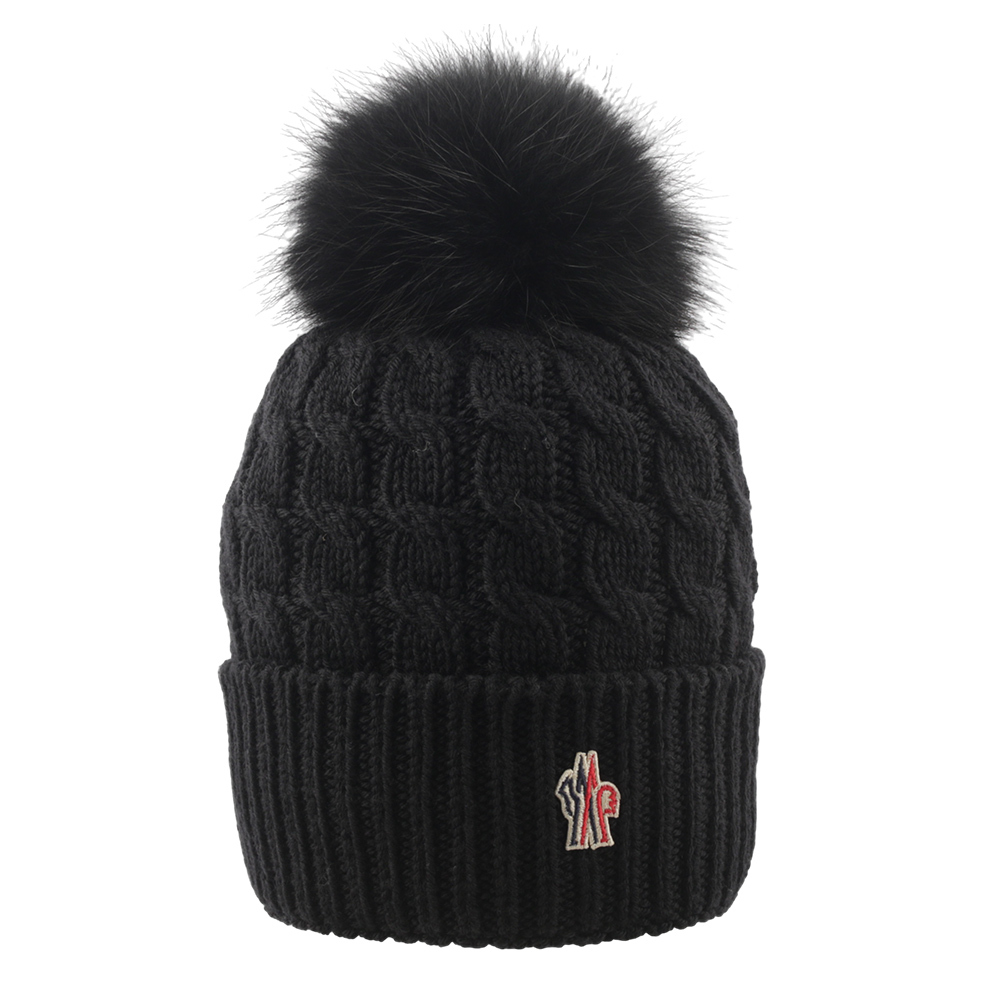 【Moncler】毛球Logo 麻花羊毛毛帽(黑色) 3B00018 0402A 999