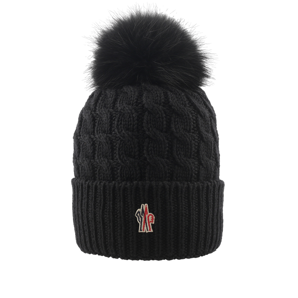 【Moncler】毛球Logo 麻花羊毛毛帽(黑色) 3B00018 0402A 999