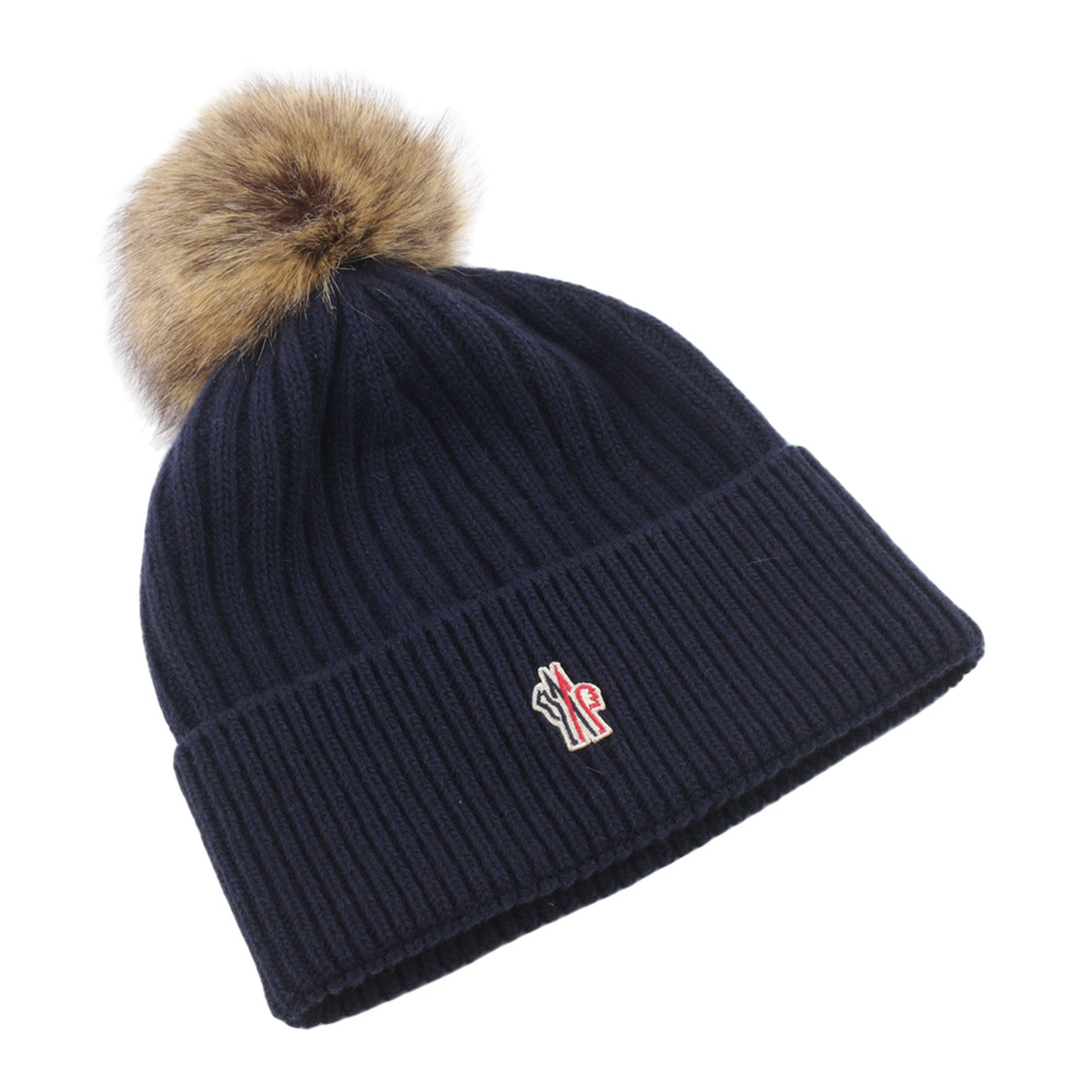 【Moncler】撞色毛球Logo 喀什米爾及羊毛毛帽(深藍色) 3B00019 M1213 750