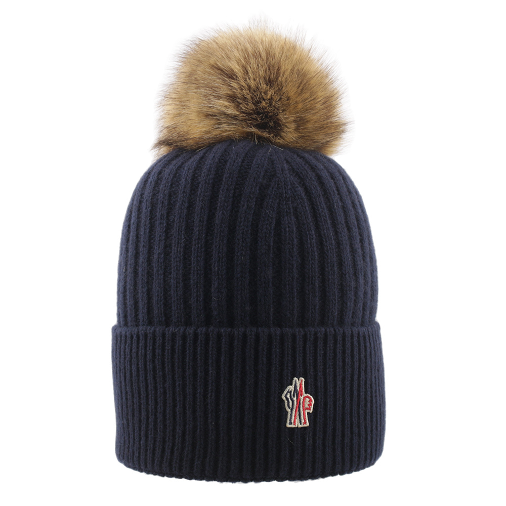 【Moncler】撞色毛球Logo 喀什米爾及羊毛毛帽(深藍色) 3B00019 M1213 750