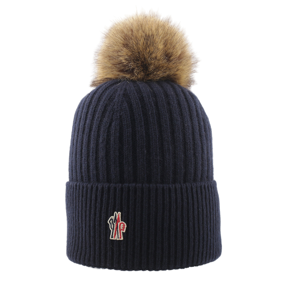 【Moncler】撞色毛球Logo 喀什米爾及羊毛毛帽(深藍色) 3B00019 M1213 750