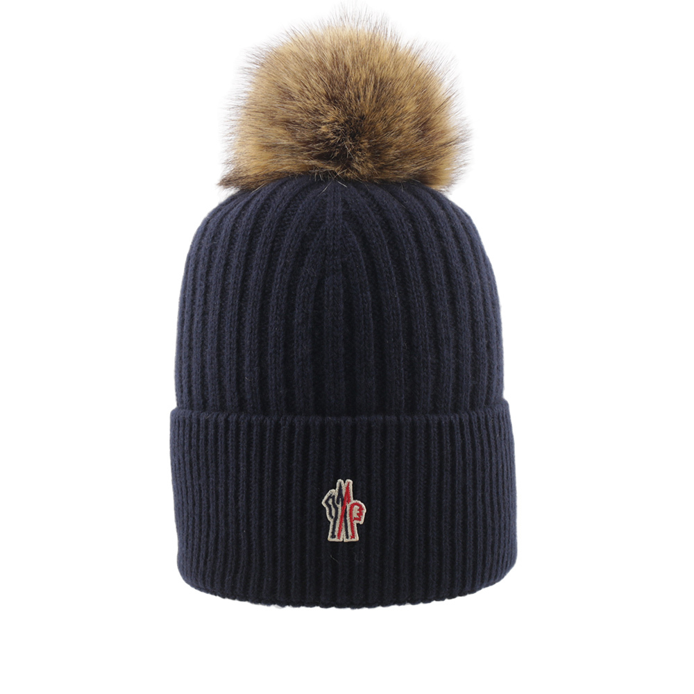 【Moncler】撞色毛球Logo 喀什米爾及羊毛毛帽(深藍色) 3B00019 M1213 750