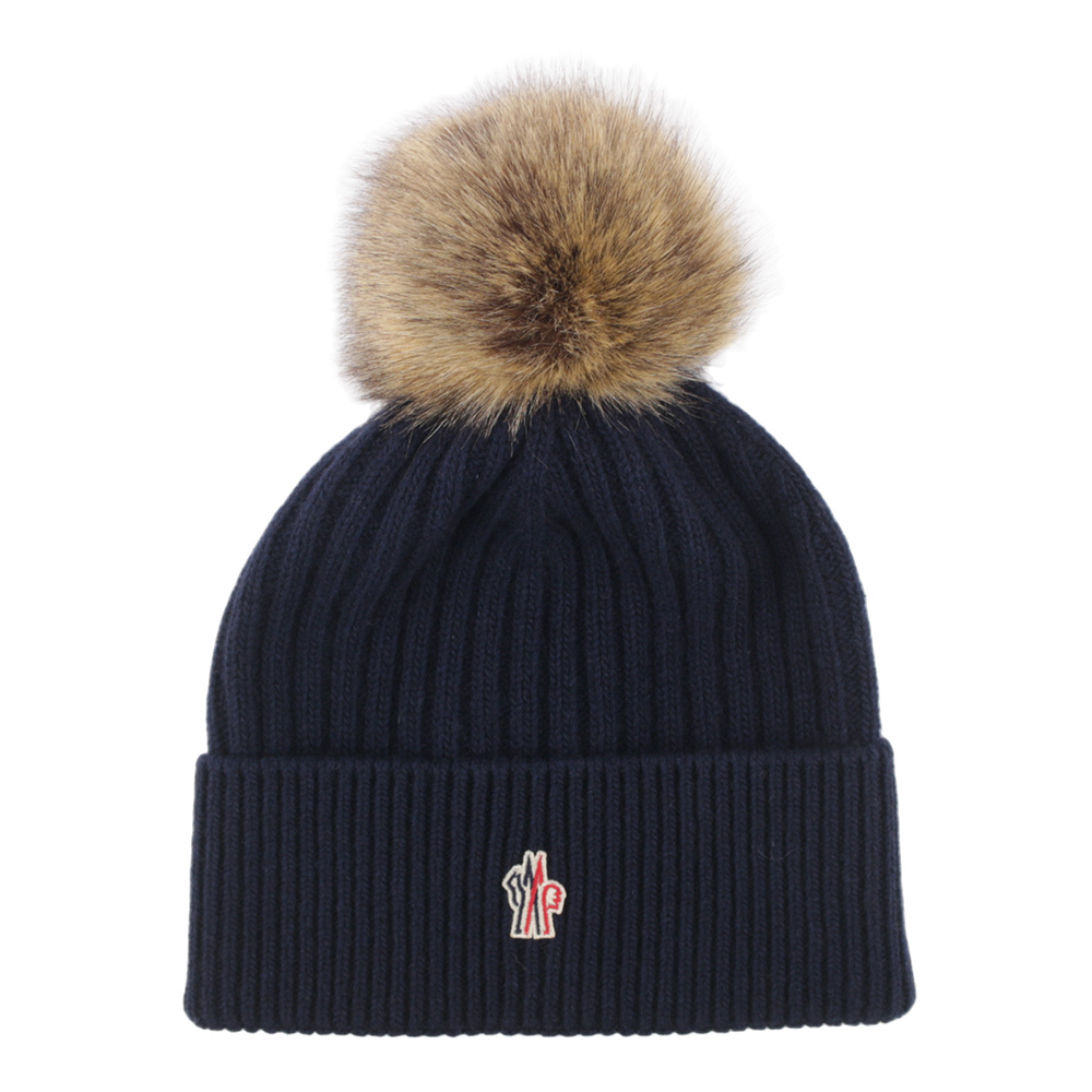 【Moncler】撞色毛球Logo 喀什米爾及羊毛毛帽(深藍色) 3B00019 M1213 750