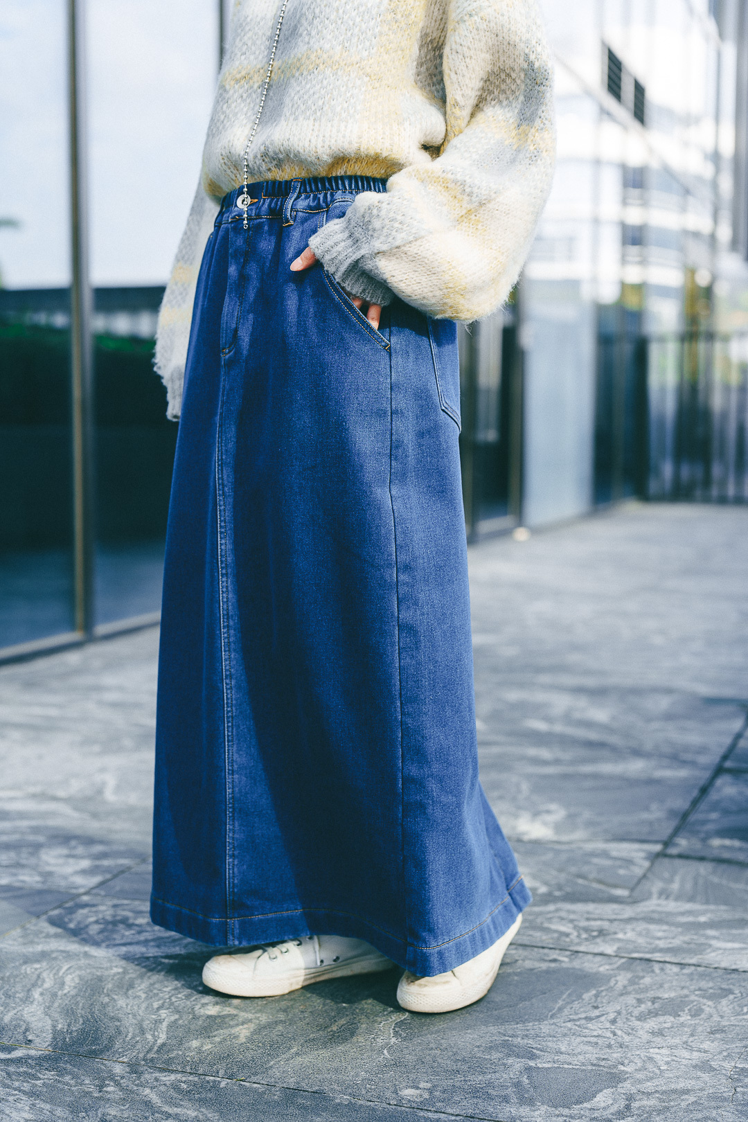 冬日向暖！牛仔斜紋裙(兩色-藍)