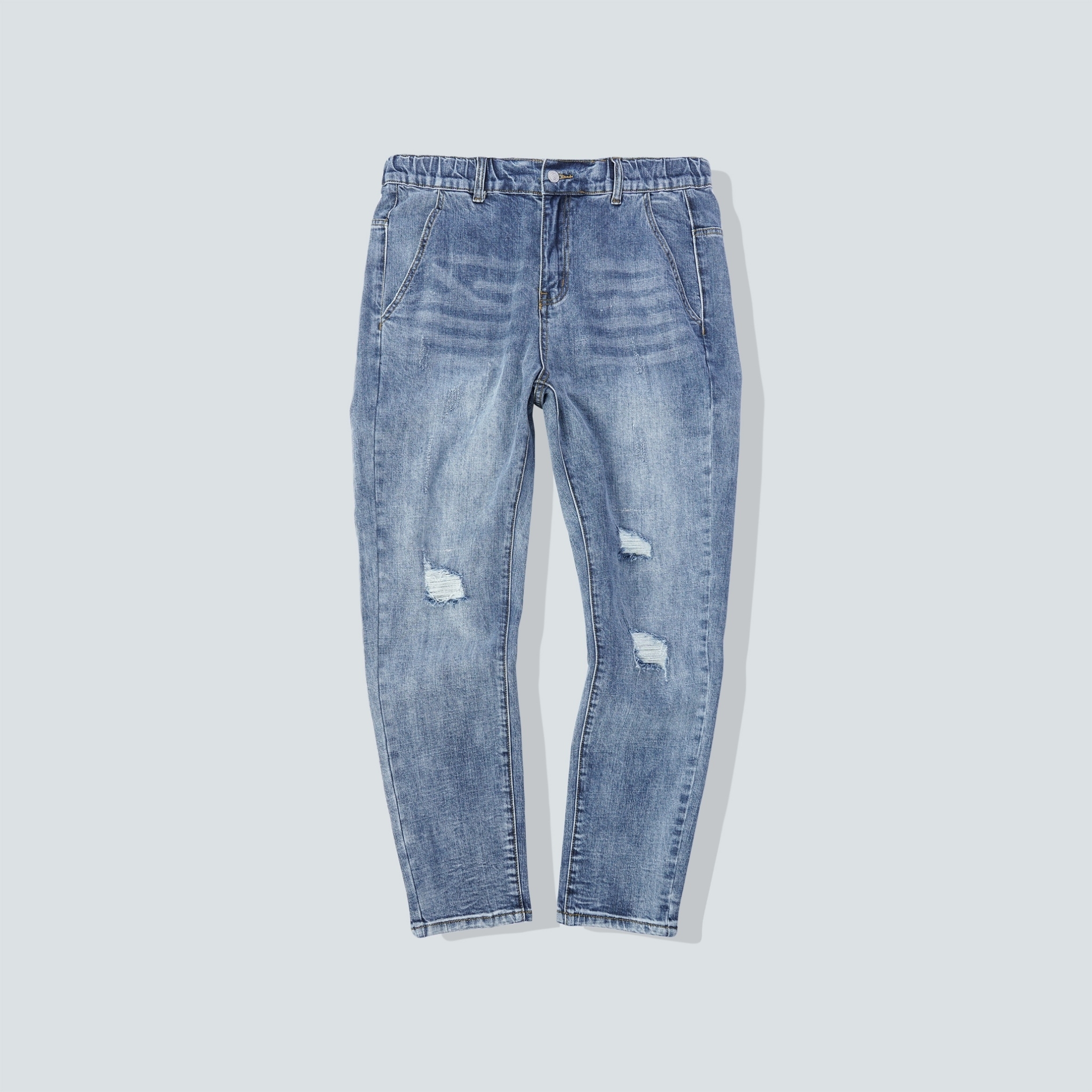 上寬下窄彈力抓破補釘牛仔褲【039】