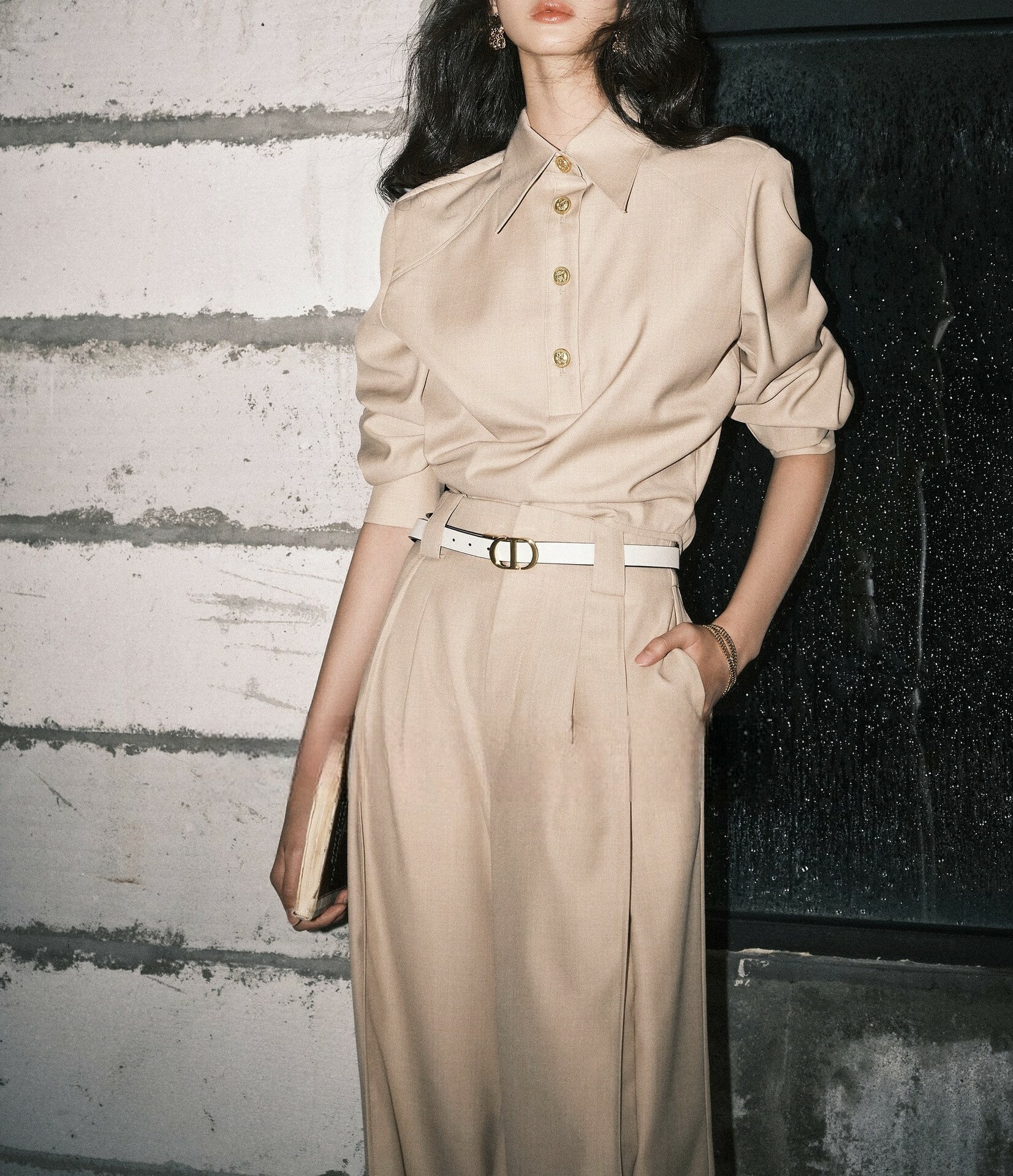 老錢風 不規則上衣+高腰直筒褲(卡其/灰)