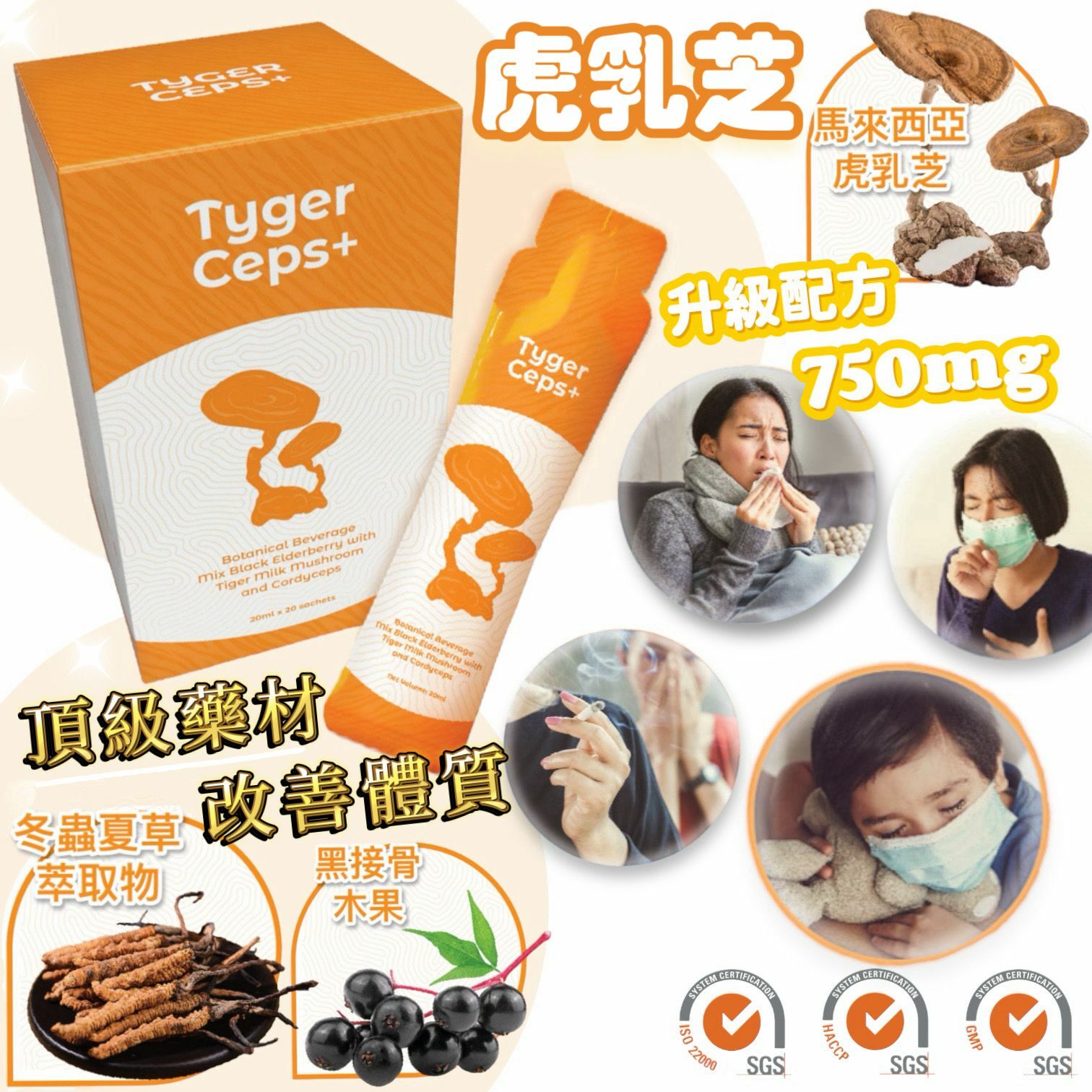 馬來西亞 TygerCeps+ 虎乳芝益肺寶 20ml x 20條