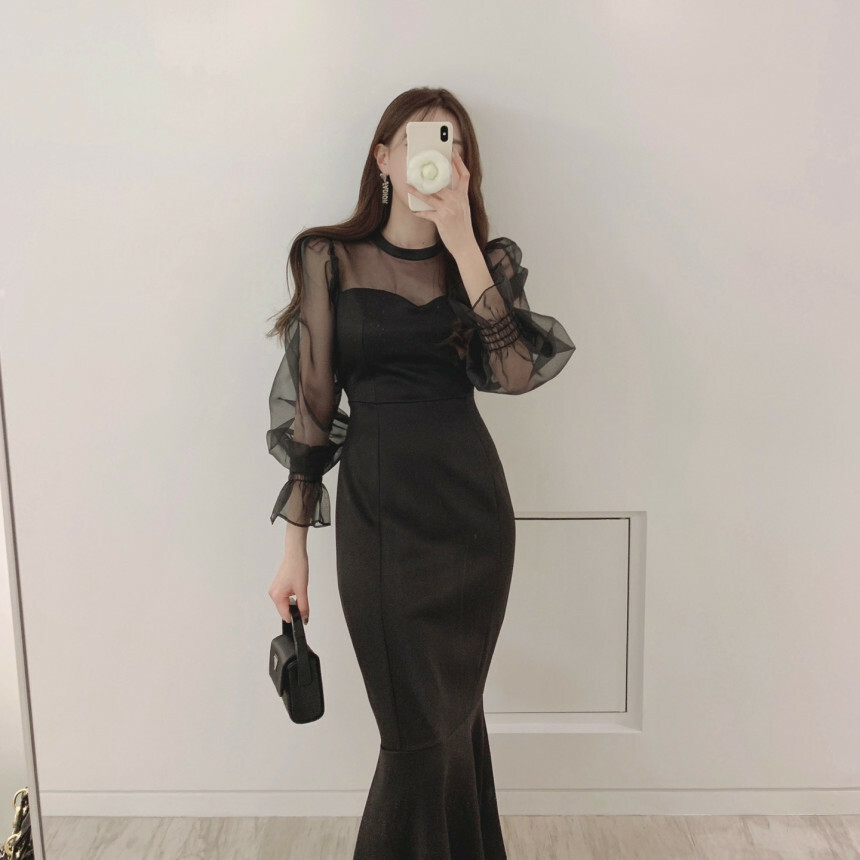 網紗拼接 收腰魚尾洋裝(黑/白)