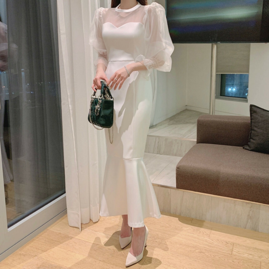 網紗拼接 收腰魚尾洋裝(黑/白)