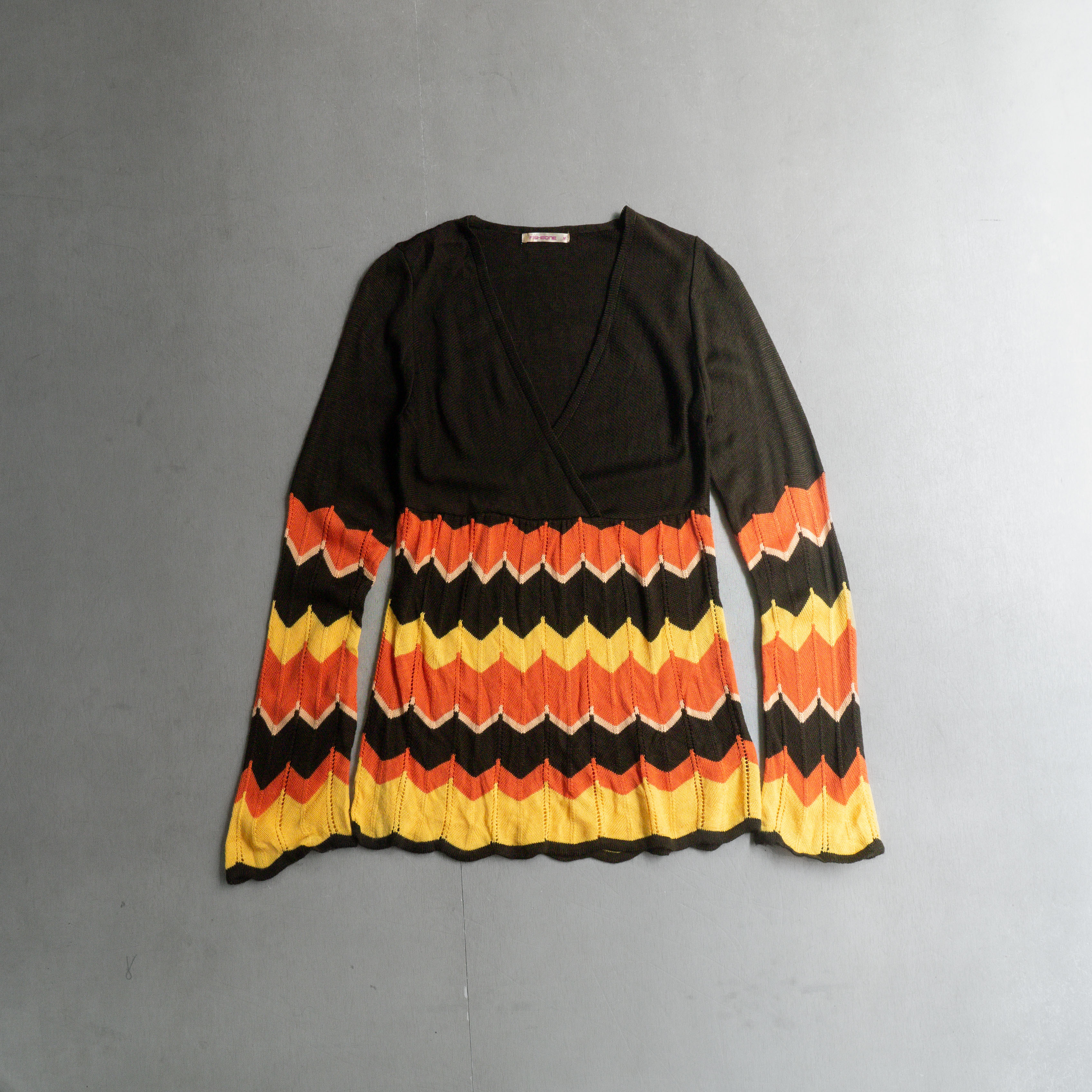 VINTAGE KNIT TOPS 咖啡色 鉤針 長袖 V領 漸層 針織 罩衫 上衣