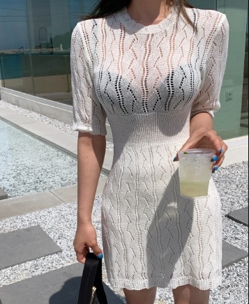 簍空高腰 薄針織洋(黑/白)