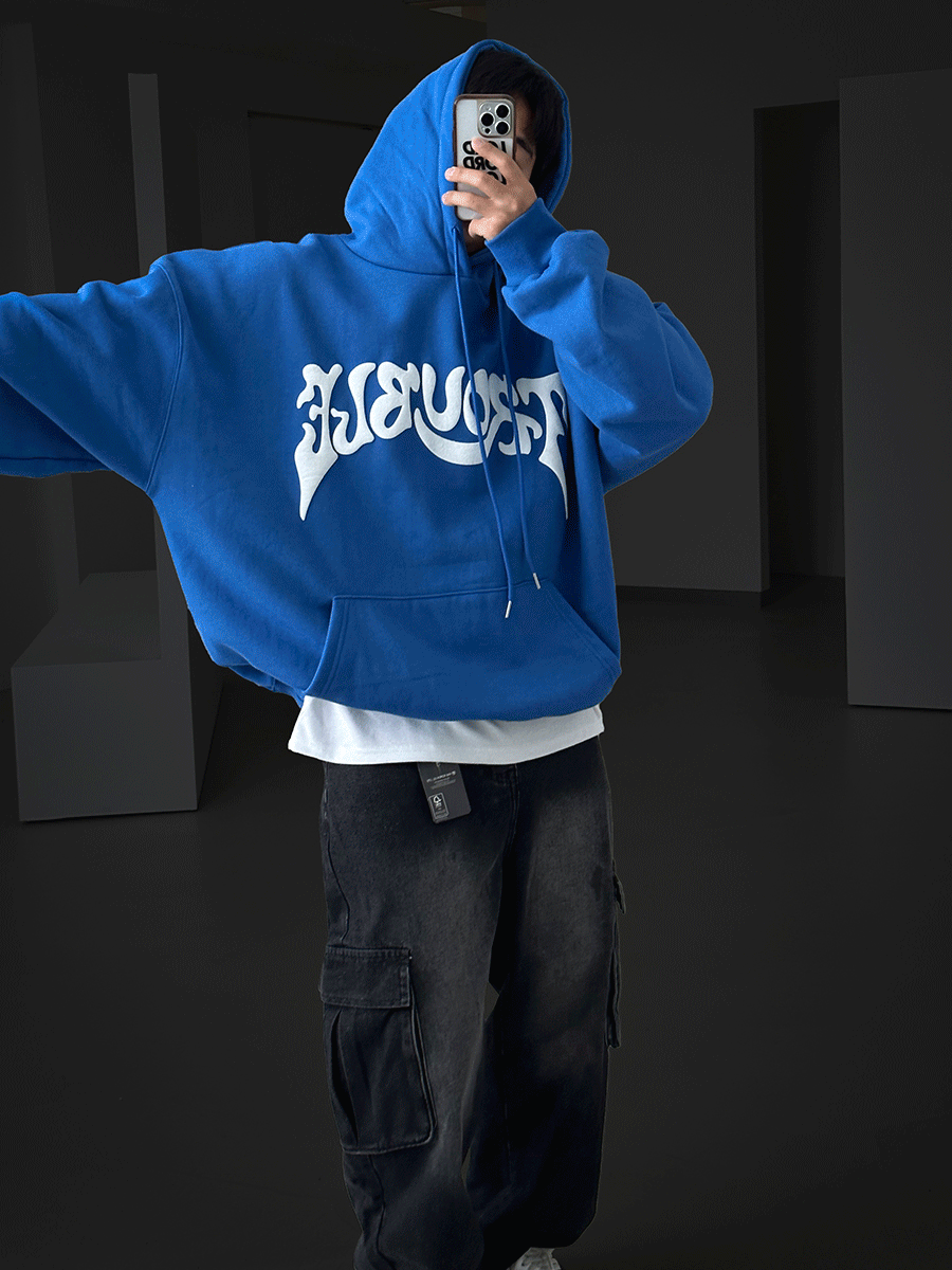 寬版Trouble字母拉絨連帽T恤