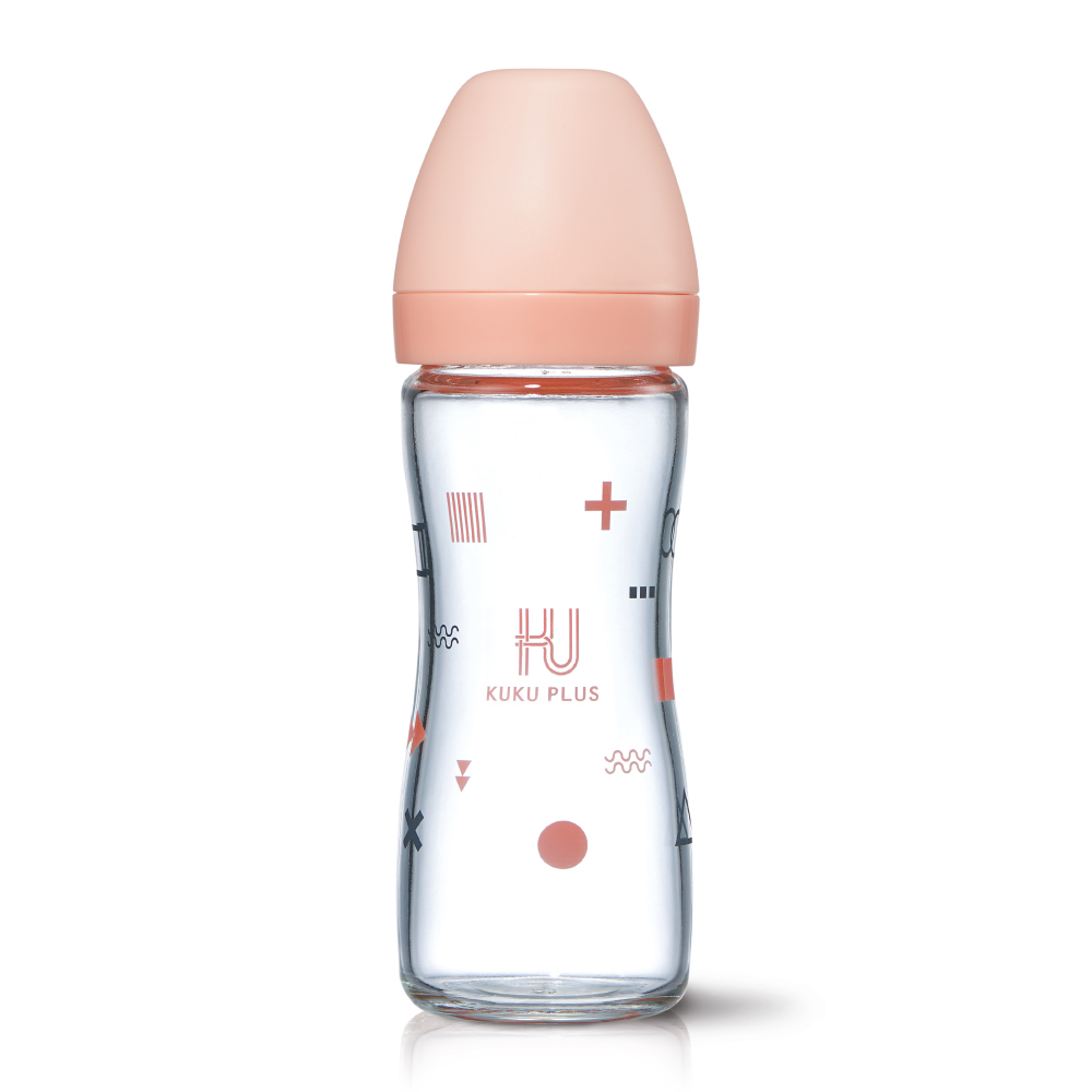 KUKU PLUS 純真之瞳寬口玻璃奶瓶 - 240ml/莓果粉