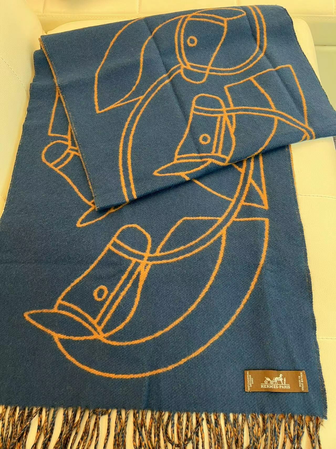 Hermes 橙藍雙面圍巾 -M