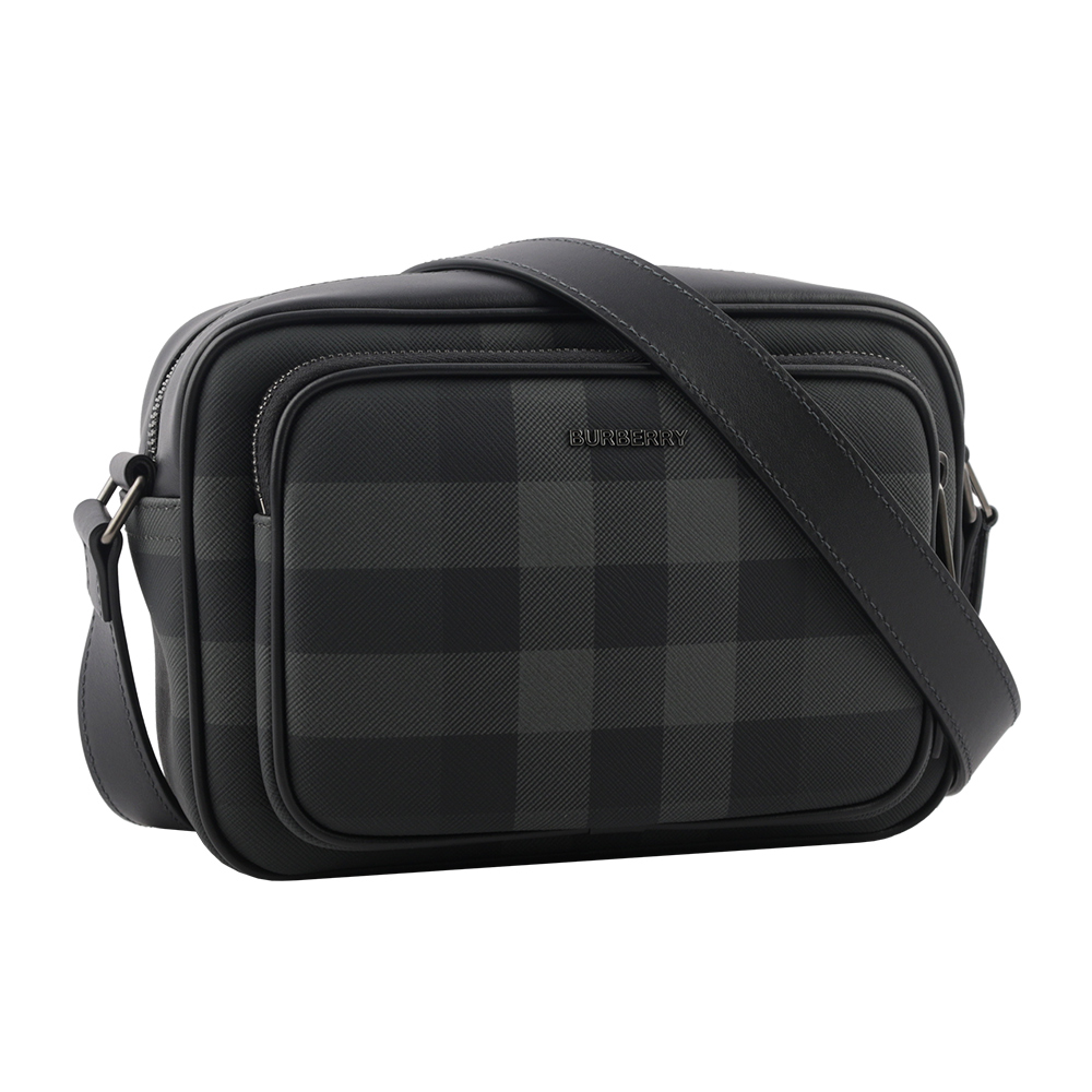 【BURBERRY】格紋前口袋拉鍊斜背包(炭灰色) 8074099 A1208
