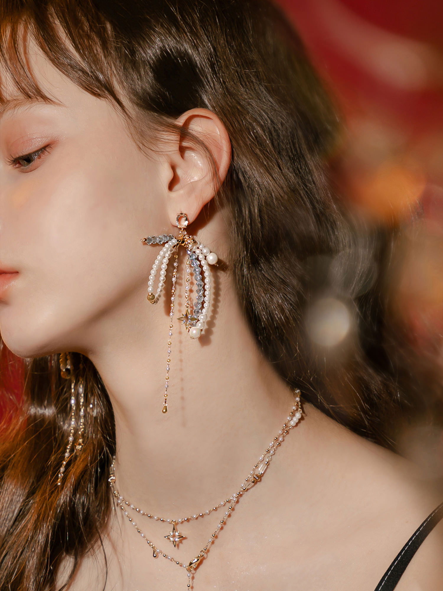 夜晚序幕戀曲。MUCHAT手作14+18KGP水晶珍珠蝶結星芒純銀針耳環