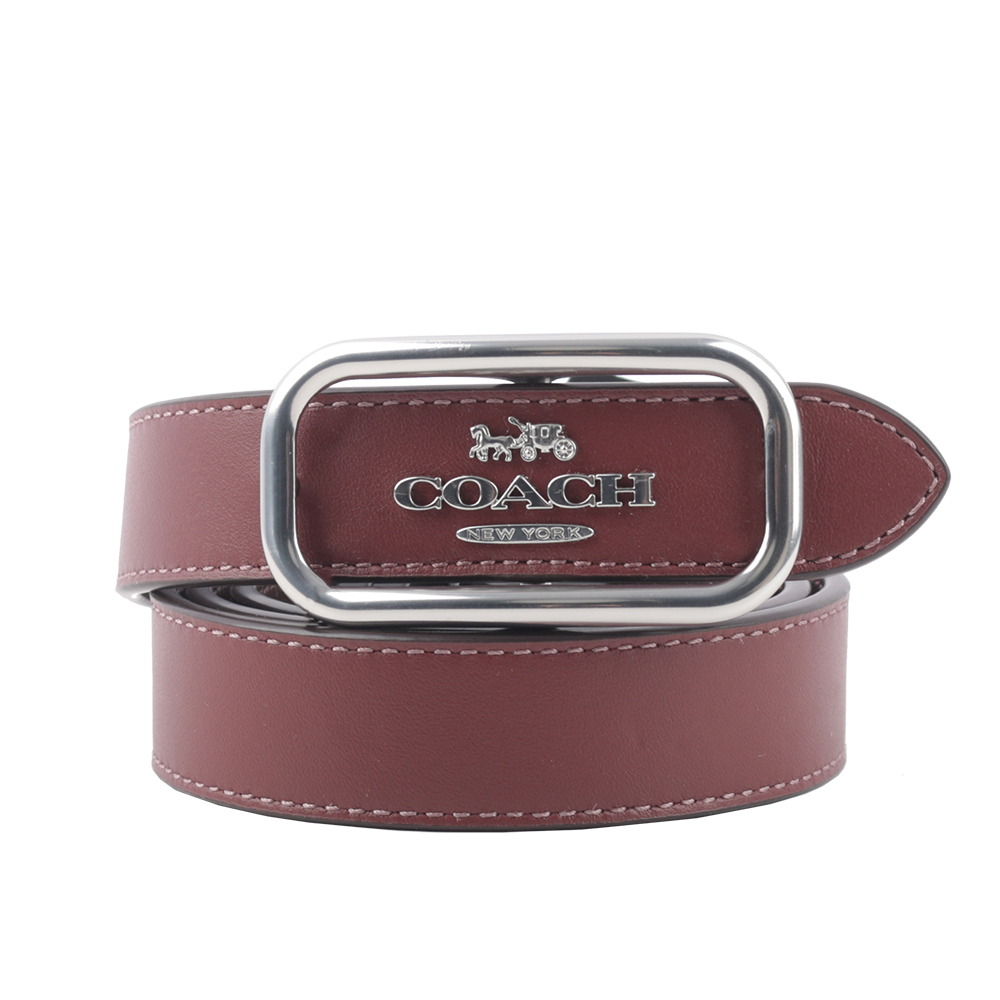 【COACH】Morgan 銀色方形馬車標誌小牛皮寬2.5cm皮帶(酒紅色) CE969 SVL3U