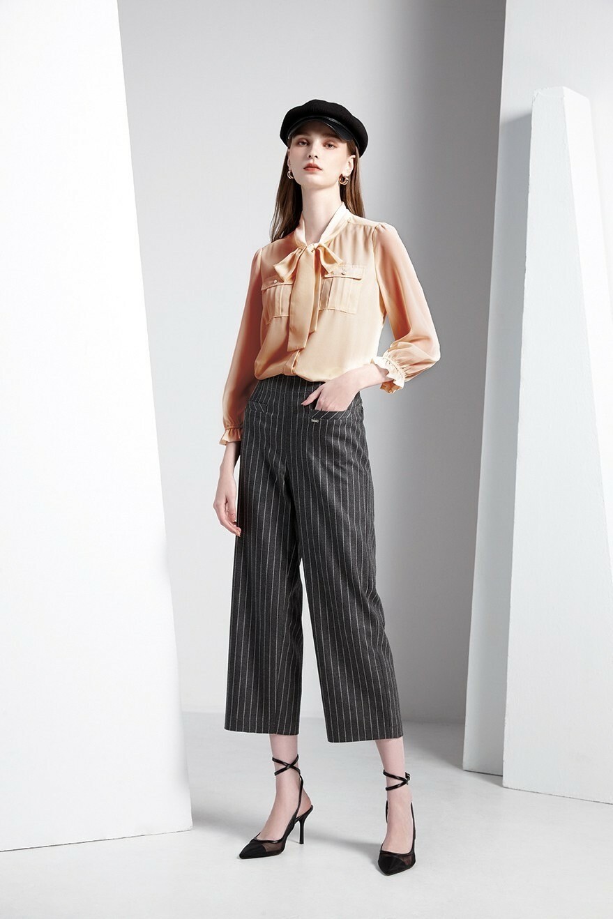 OL韓系時尚條紋顯瘦修身寬管九分褲T6621