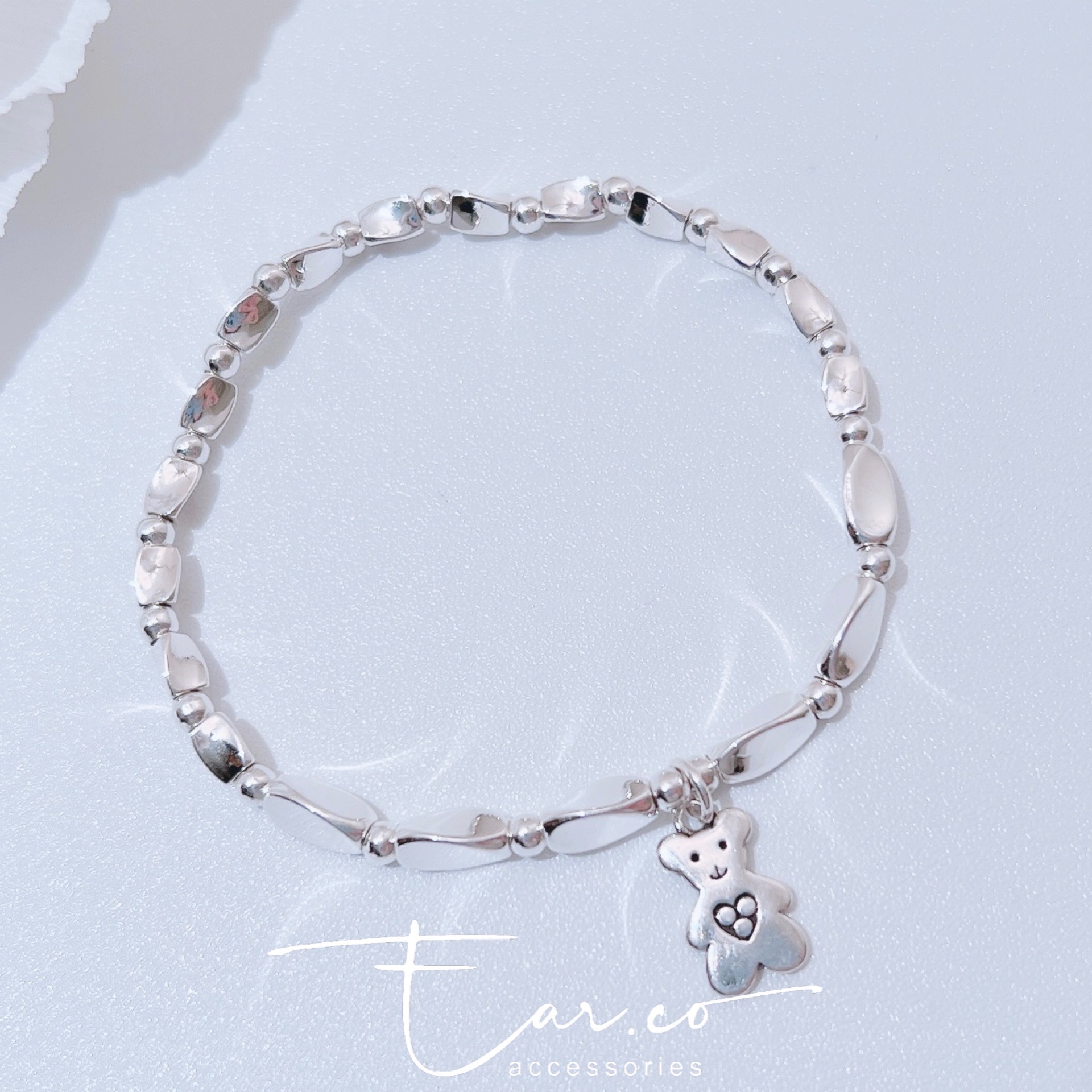 小熊扭紋光面彈力純銀手鏈 #A894