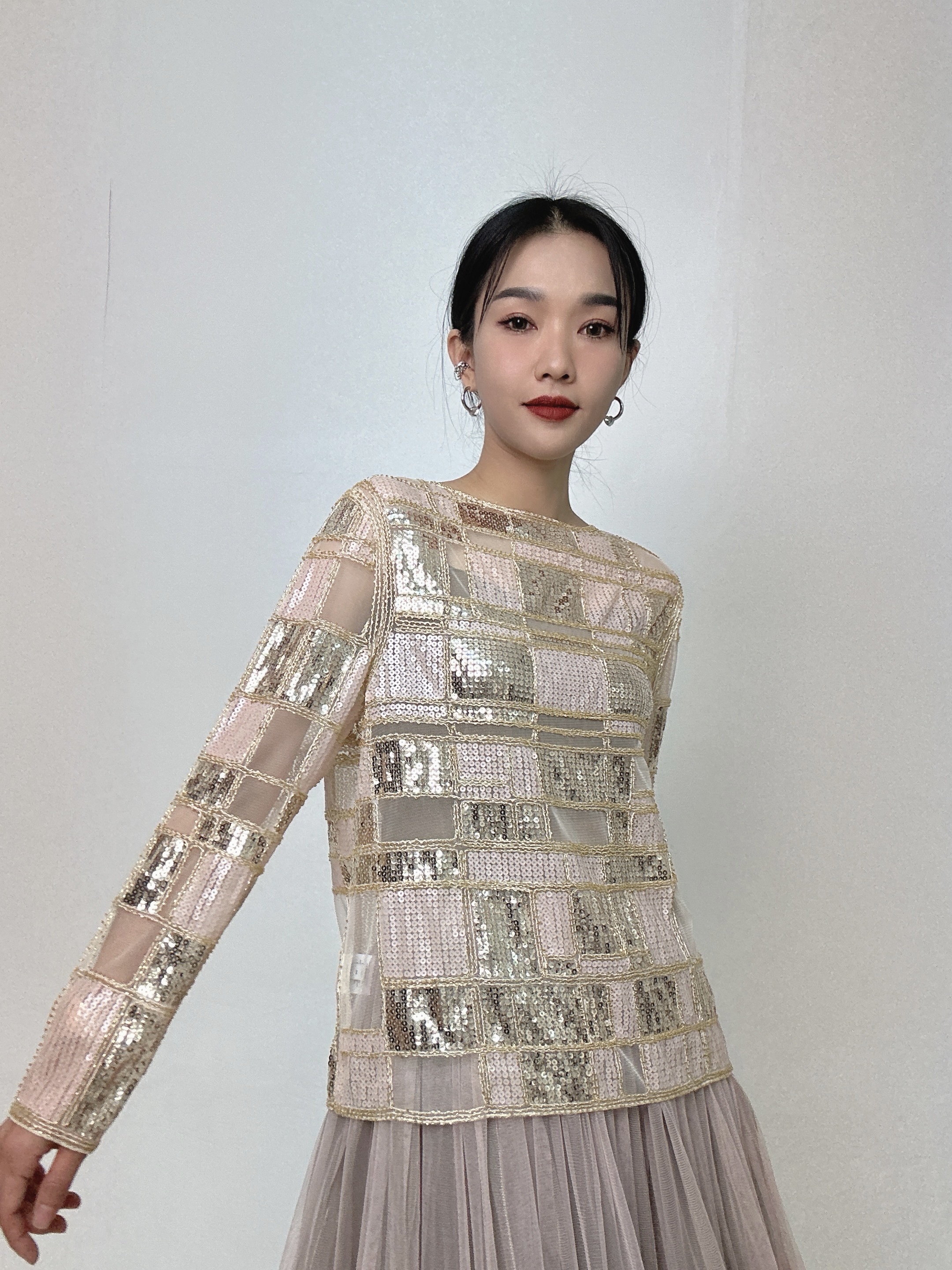 混色格仔珠片網紗上衣（現貨款式）