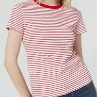[S] GUESS WOMEN'S MINI LOGO STRIPE SHORT SLEEVE T-SHIRT,RED, YN2K9468-RED (SGU513)