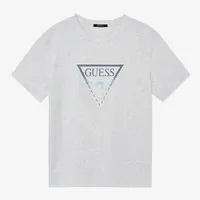 [S] GUESS WOMEN'S DENIM EMBO TRIANGLE SHORT SLEEVE T-SHIRT,LIGHT GRAY, YN2K8406-LGY [FINAL SALE] (SGU523)