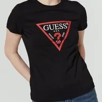 [S] GUESS WOMEN'S ORIGINAL TRIANGLE CP SINGLE SHORT SLEEVE T-SHIRT,BLACK, YN2K9405-BLK (SGU529)