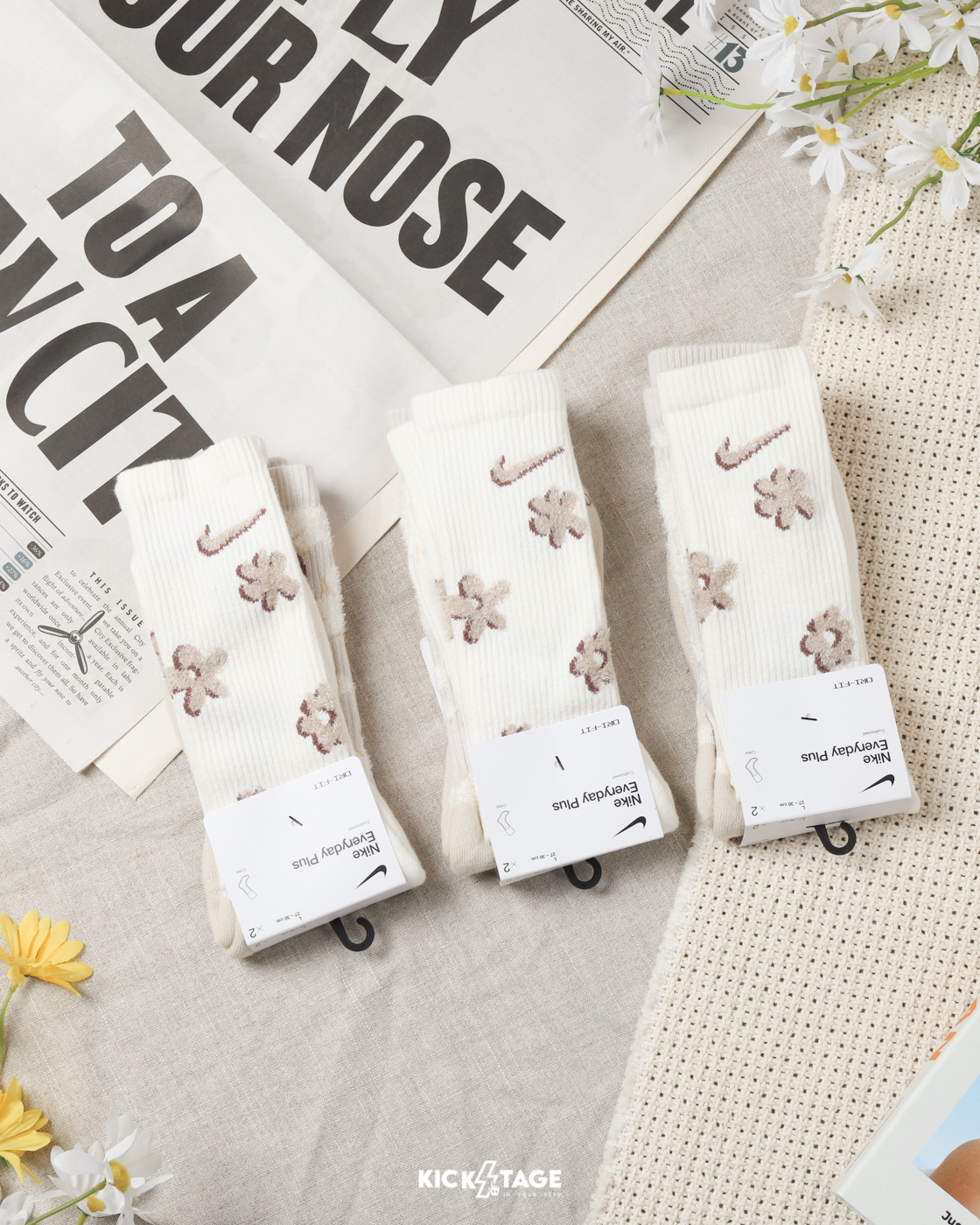 NIKE EVERYDAY PLUS 奶茶色 杏色 絨毛小花 長襪 高筒襪 兩雙一組【FN9136-900】