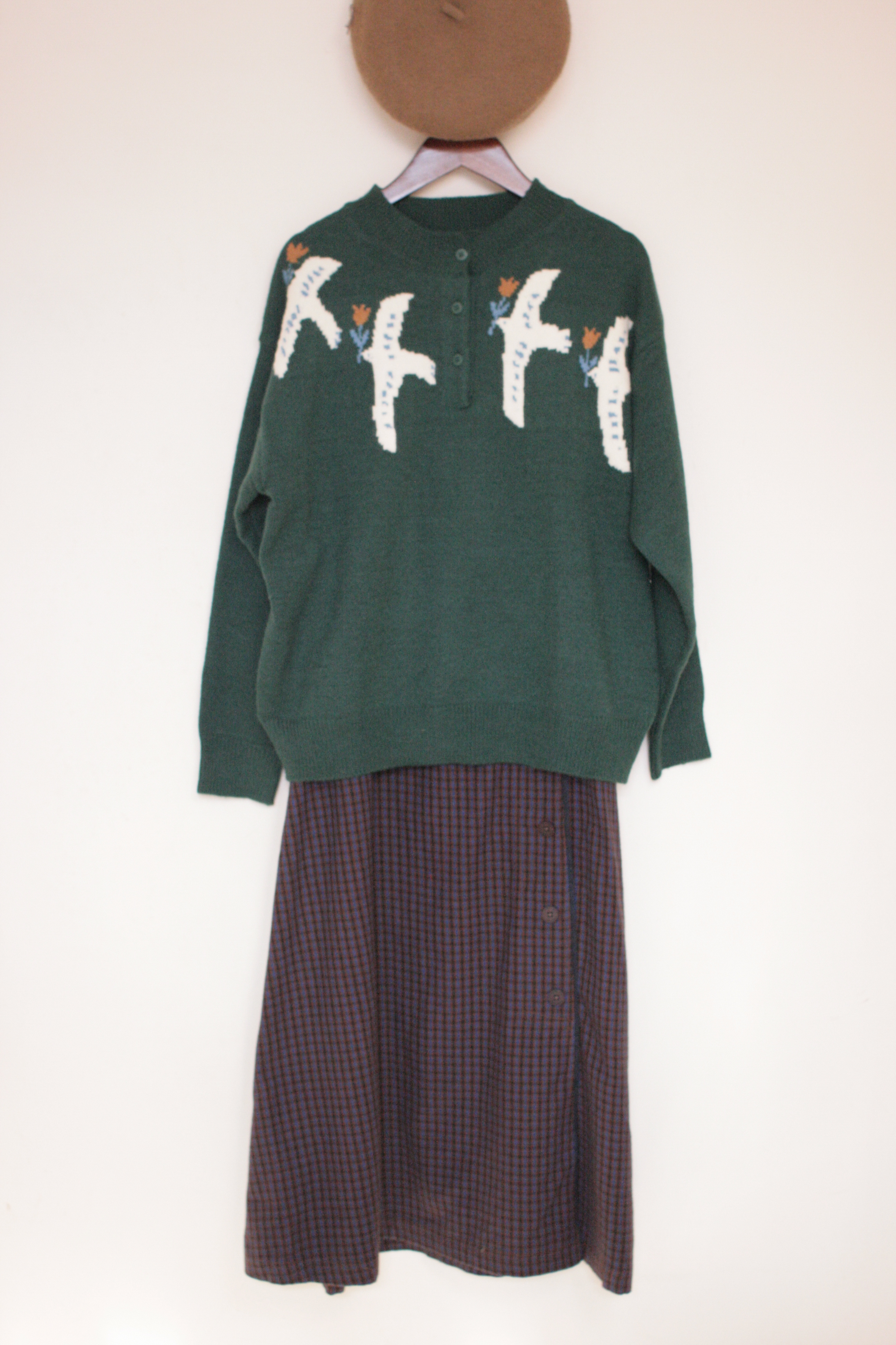 {童話國物語𓃦}幸福之鳥𓅮復古感墨綠色提花針織套頭毛衣【日本直送】