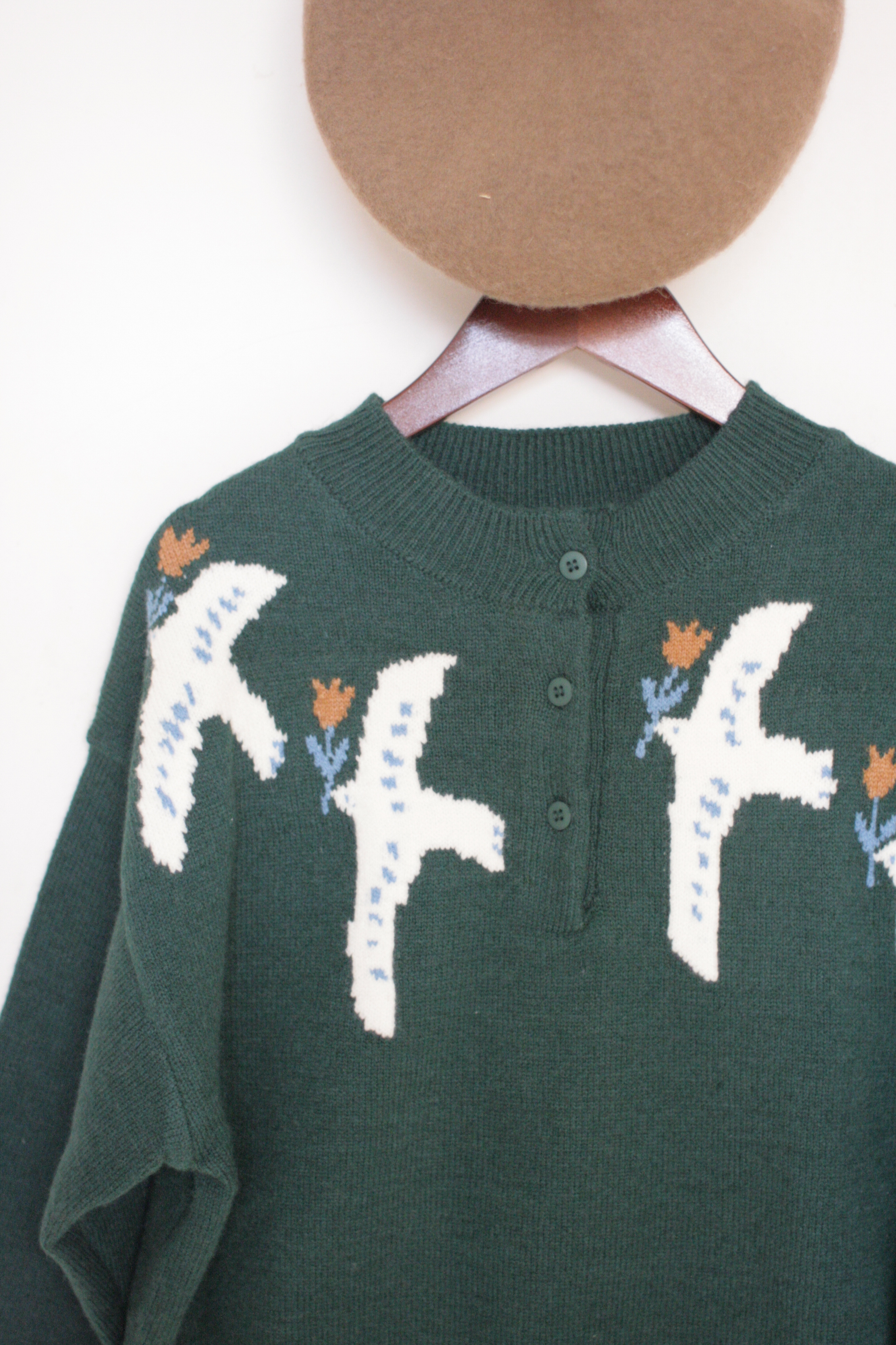 {童話國物語𓃦}幸福之鳥𓅮復古感墨綠色提花針織套頭毛衣【日本直送】