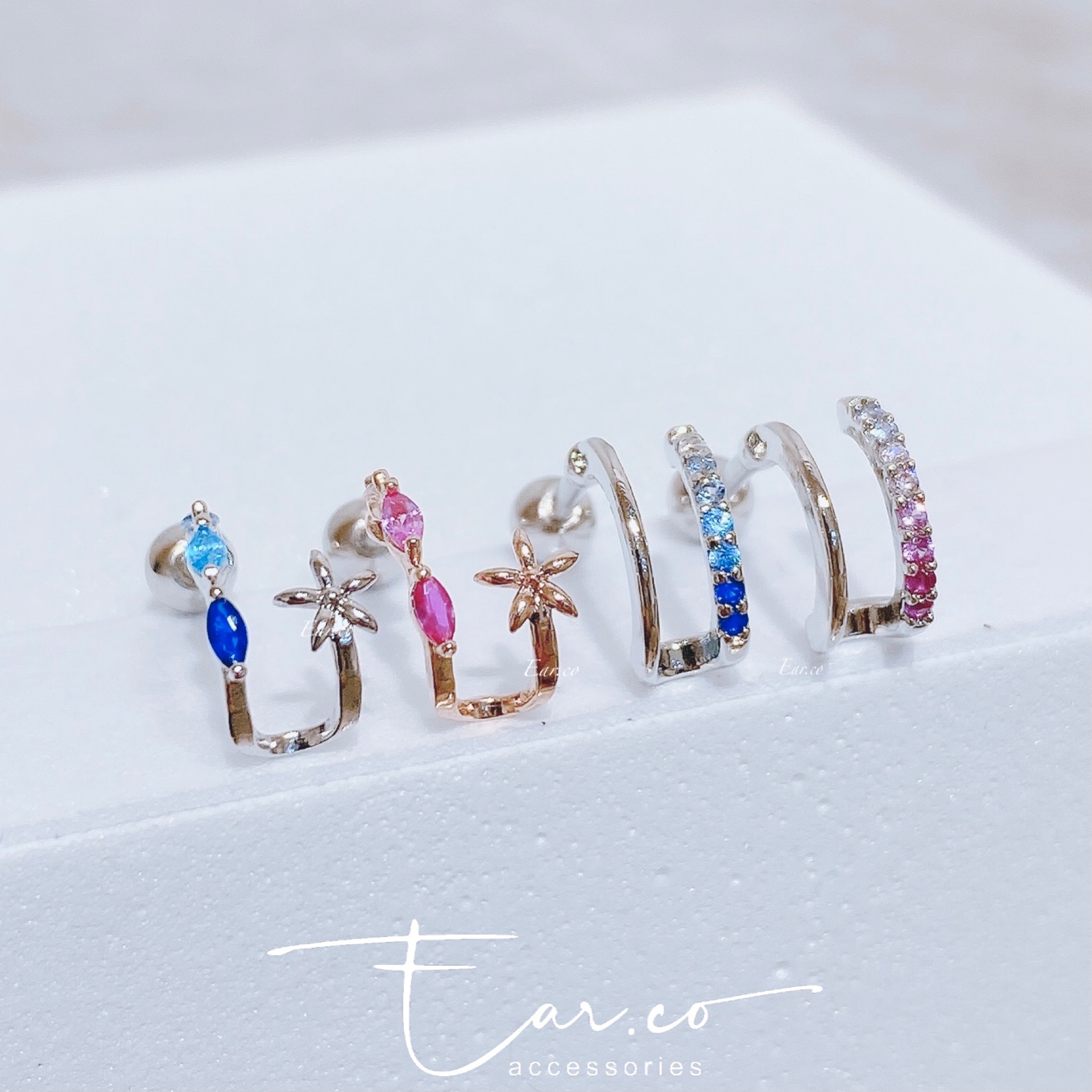 水晶花花雙圈/漸變閃石雙圈耳骨釘 [單支] #P011