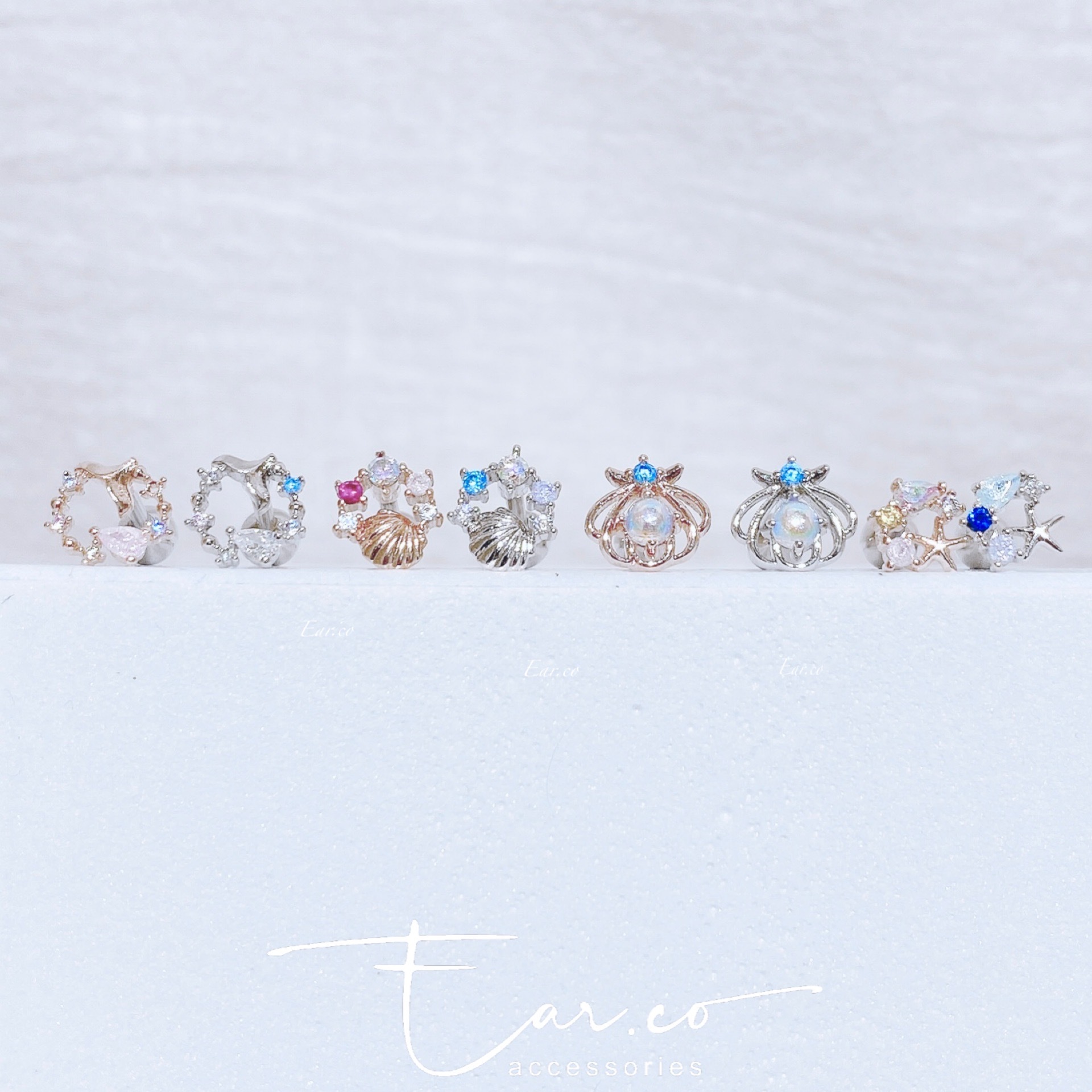 人魚尾巴花圈/小貝殼花圈/水晶貝殼/小海星耳骨釘 [單支] #P009