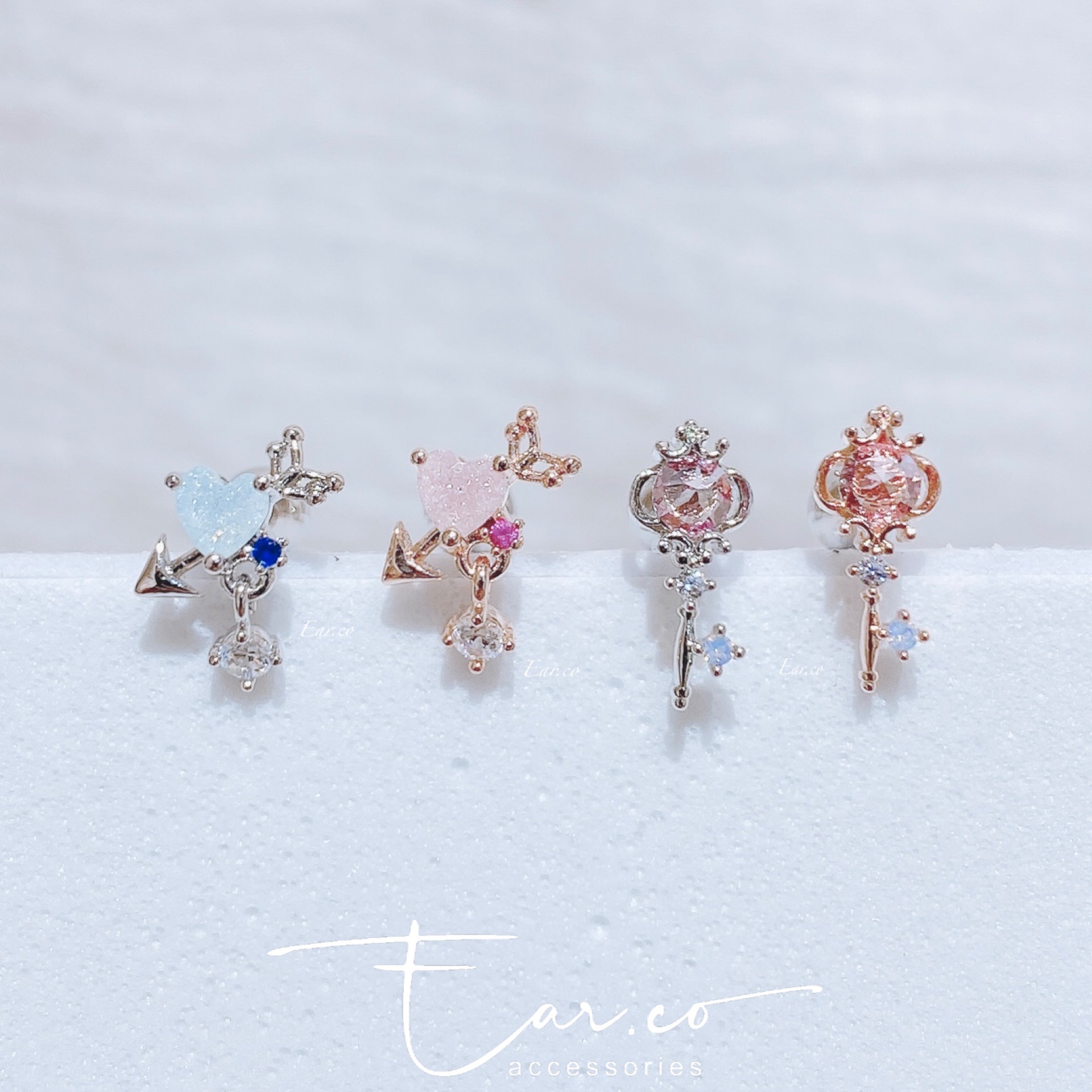 邱比特愛心箭/皇冠水晶鎖匙耳骨釘 [單支] #P003