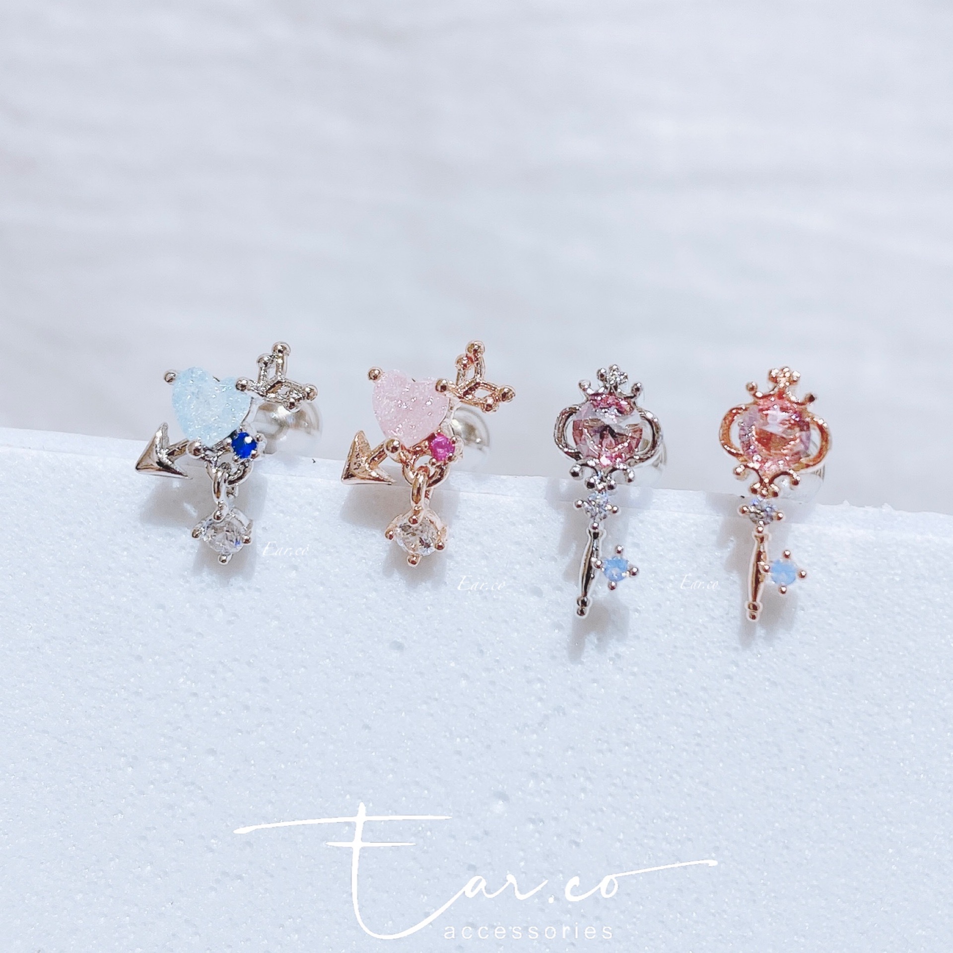 邱比特愛心箭/皇冠水晶鎖匙耳骨釘 [單支] #P003