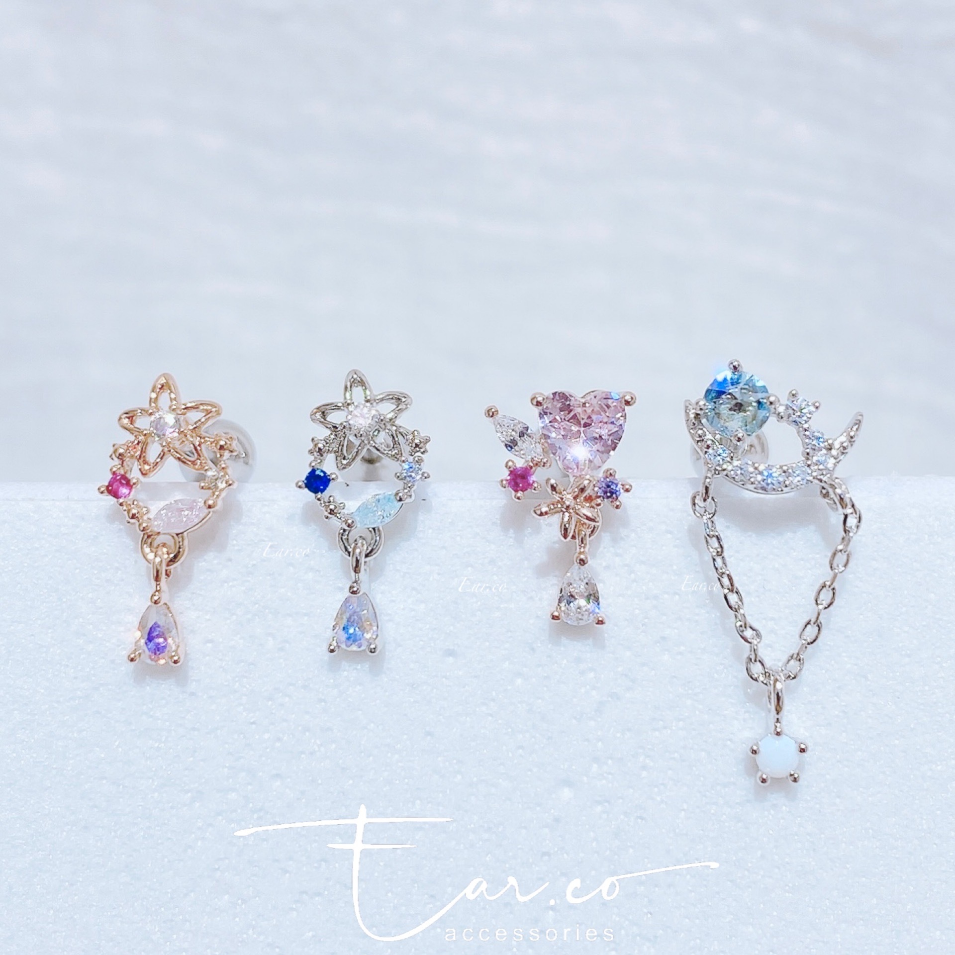 小花圈水滴/水晶愛心水滴/半月水晶V形垂釣耳骨釘 [單支] #P002