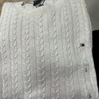 [S] TOMMY HILFIGER CABLE KNIT SHORT SLEEVE SWEATER,CREAM HEATHER, 76J3594-101 (STH579)