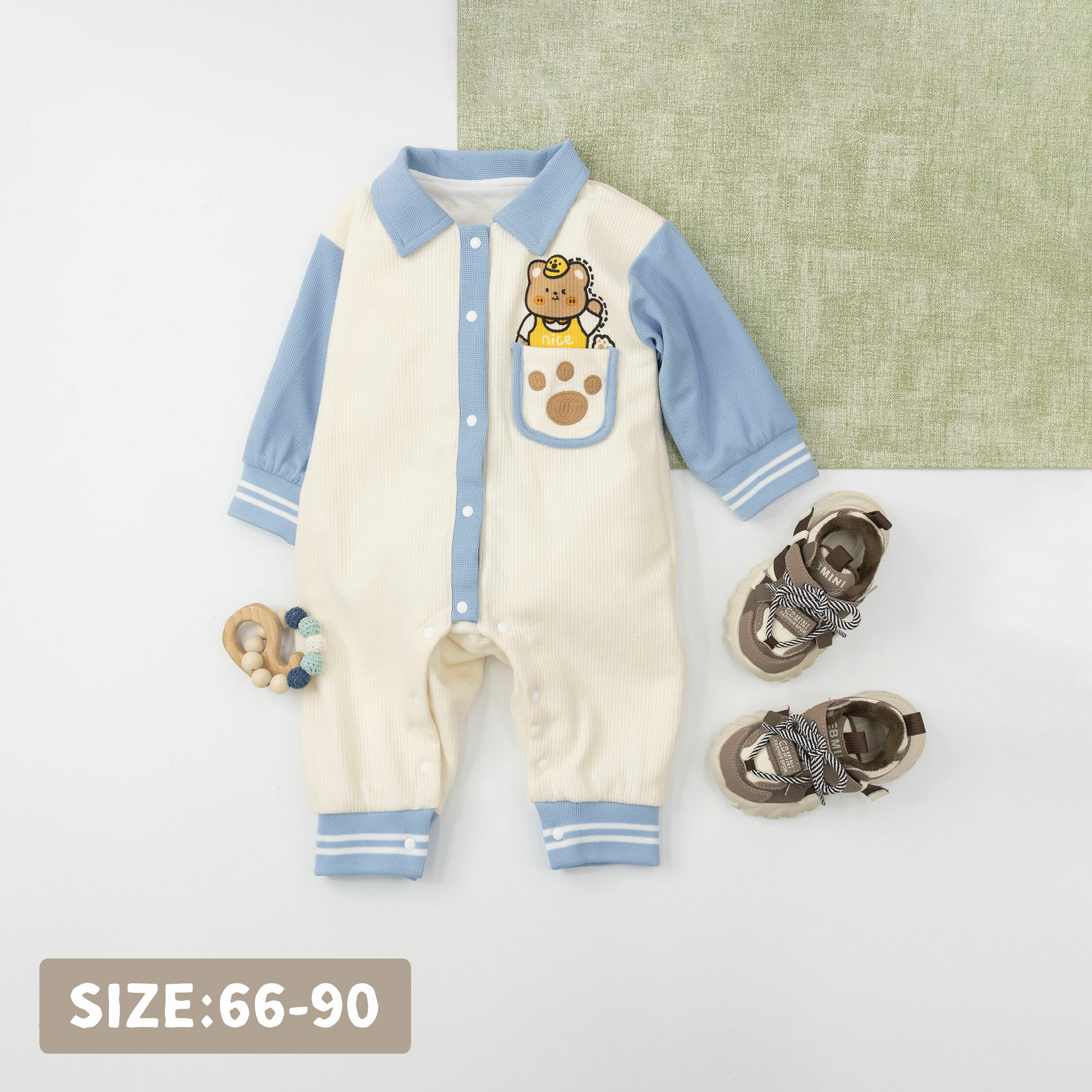 【JG3297】俏皮小熊打招呼坑條連身衣