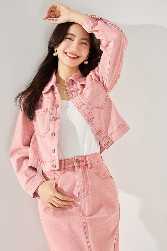 燙鑽貼粉色牛仔套裝 粉色