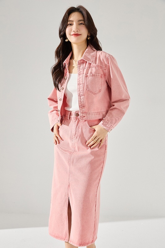 燙鑽貼粉色牛仔套裝 粉色