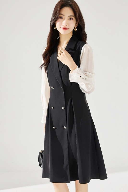 西裝領拼接袖洋裝 黑白
