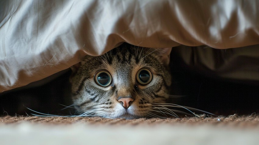 貓咪害怕的躲在床底的樣子,嬌寵醫生,寵物魚油,狗狗魚油,貓咪魚油,極精萃頂級專利魚油