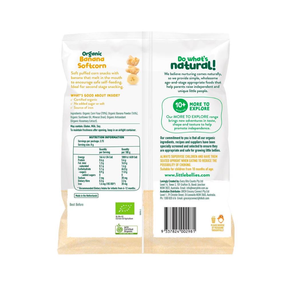 Little Bellies Non-fried Organic Banana Softcorn （kids snacks for 10+ months） (8g) (92909)