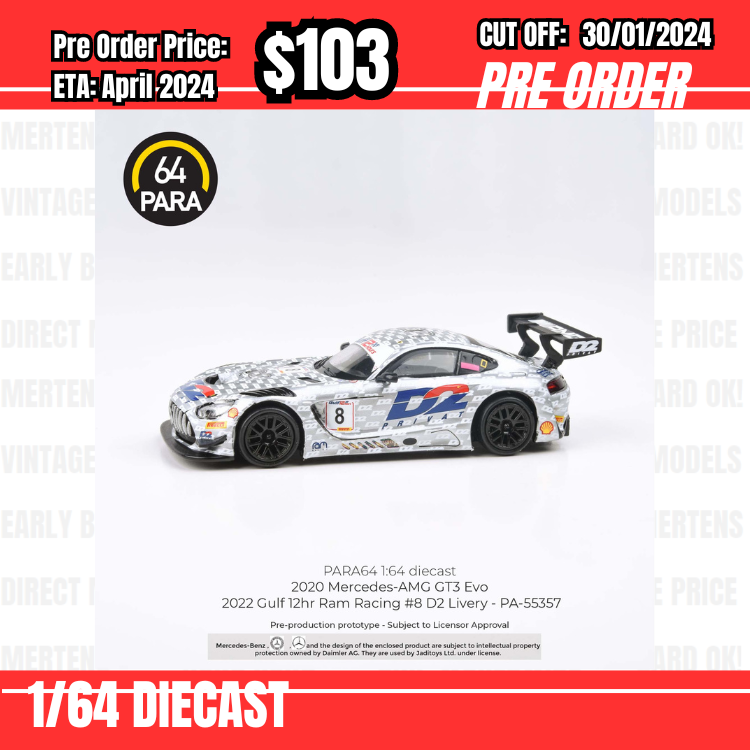 PO-$103 * Para64 * 1:64 Mercedes-AMG GT3 Evo 2022 Gulf 12hr Ram Racing #8 D2 Livery LHD [OD19/01]