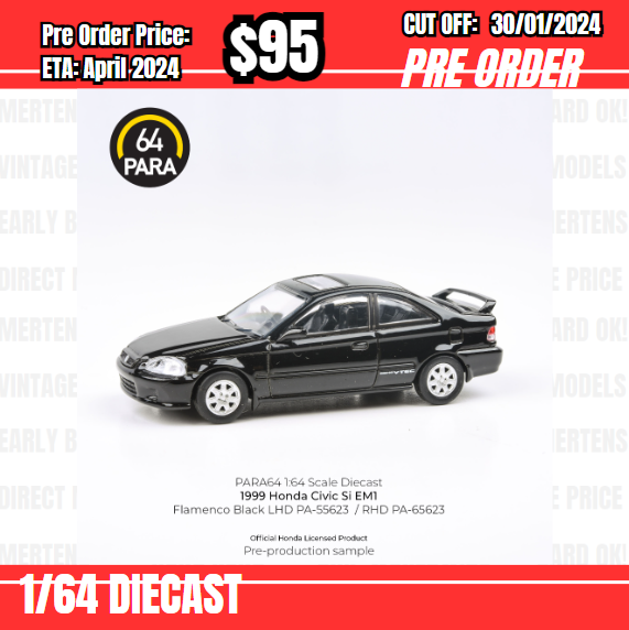 PO-$95 * Para64 * 1:64 1999 Honda Civic Si EM1 Flamenco Black  RHD [OD19/01]