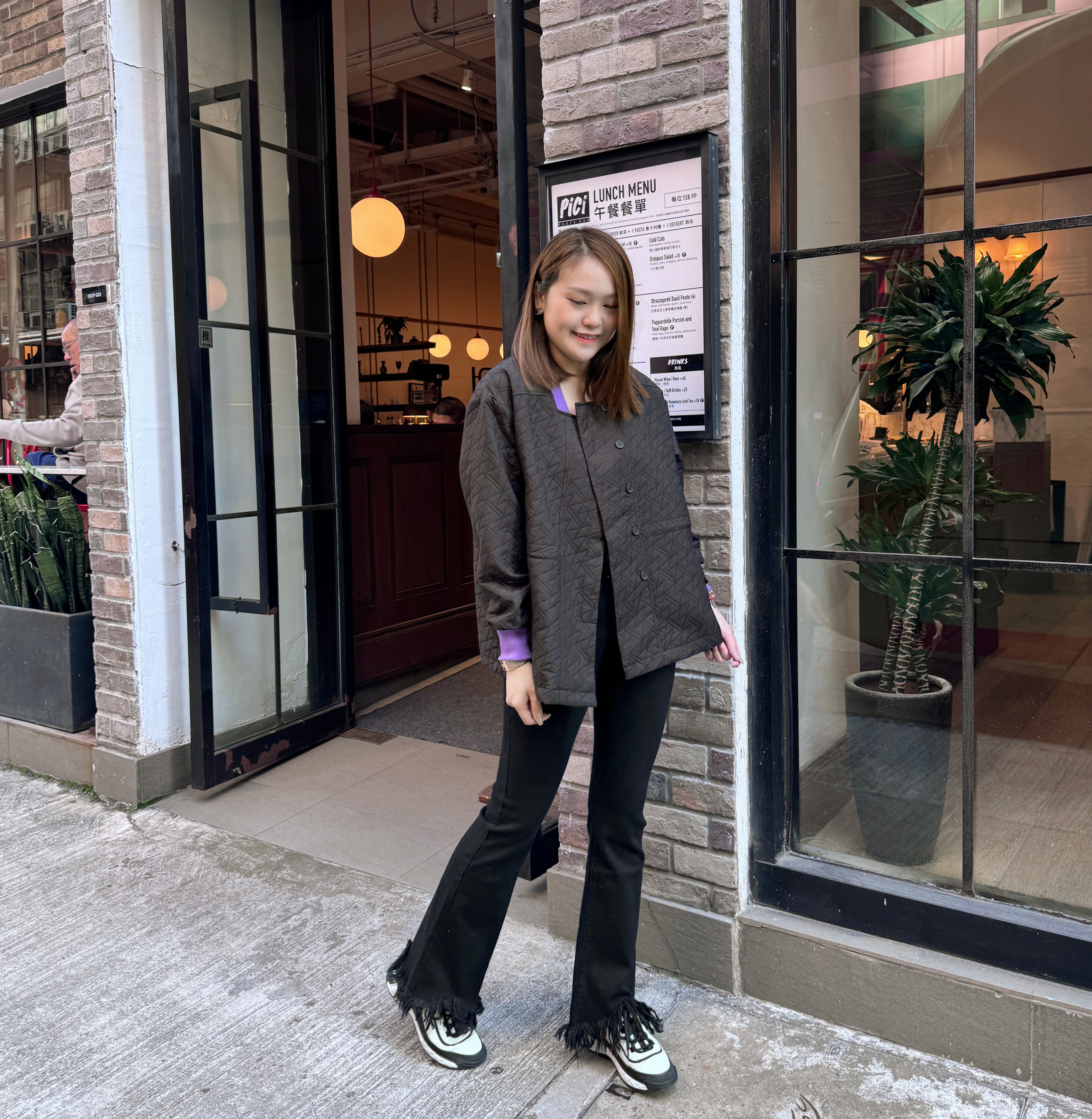 【By My Hope自家制】羅紋拼色格紋布腰索繩外套