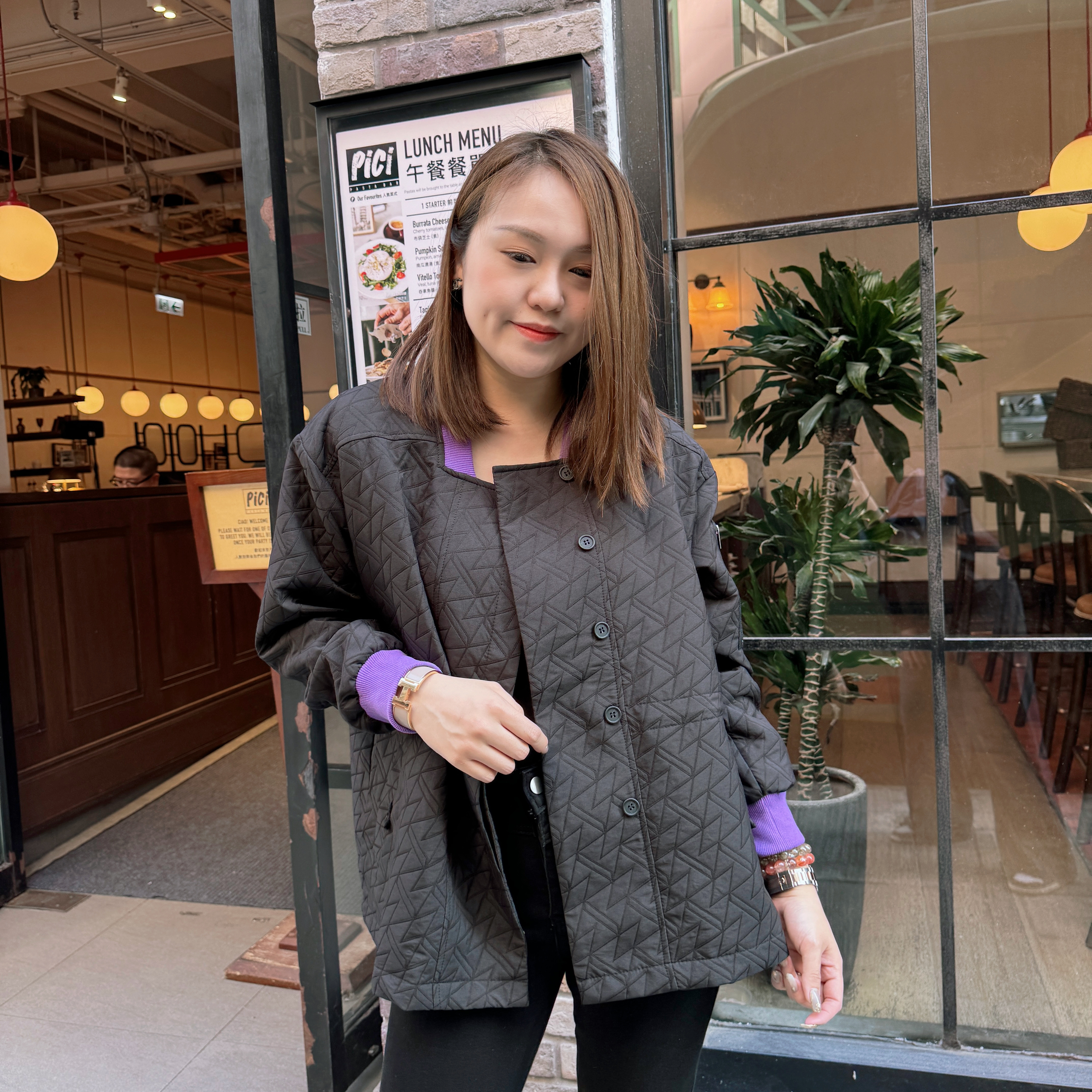 【By My Hope自家制】羅紋拼色格紋布腰索繩外套