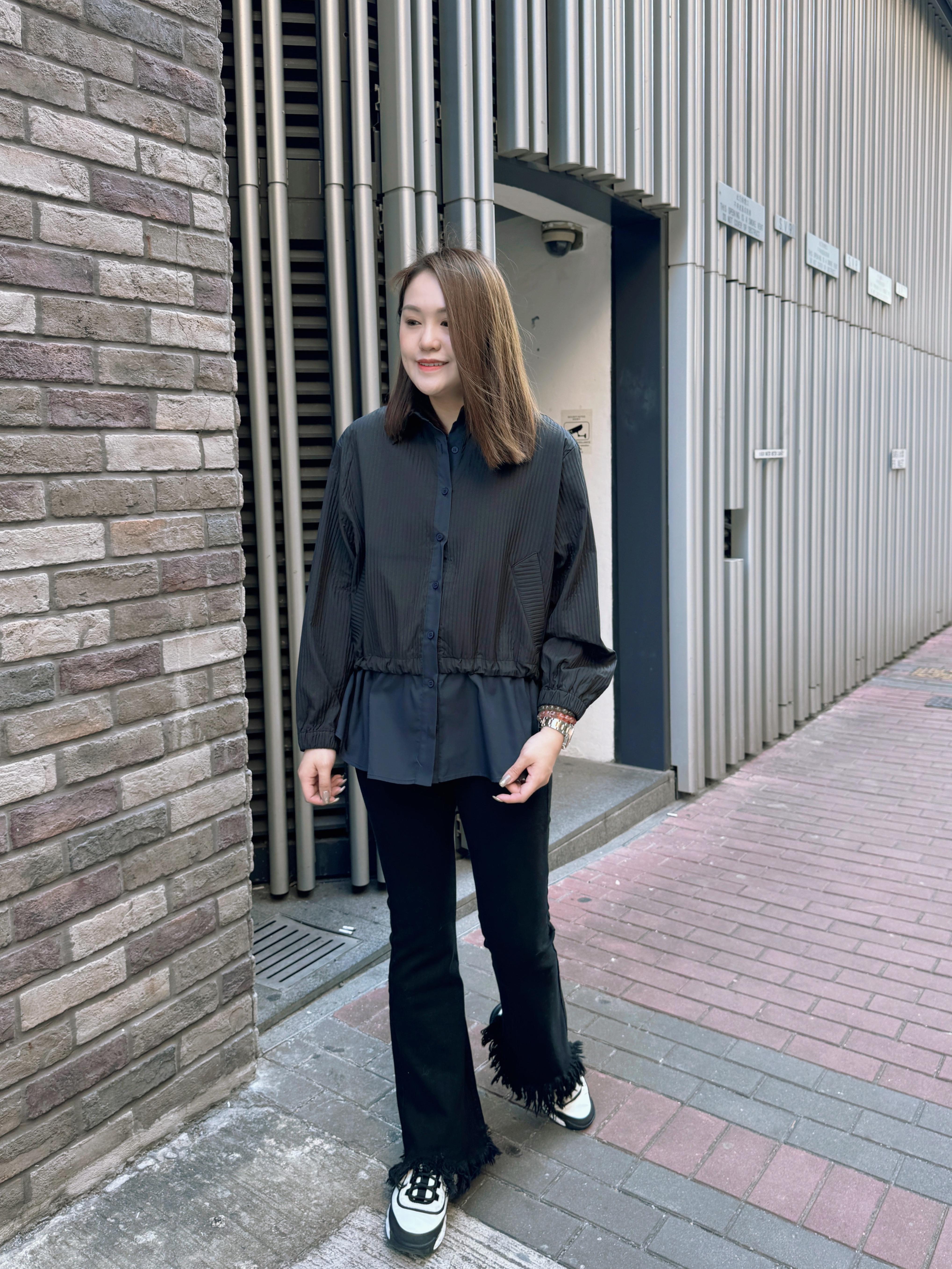 【By My Hope自家制】條紋壓摺開胸長袖兩著款