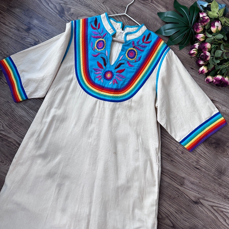 彩虹墨西哥刺繡連身裙