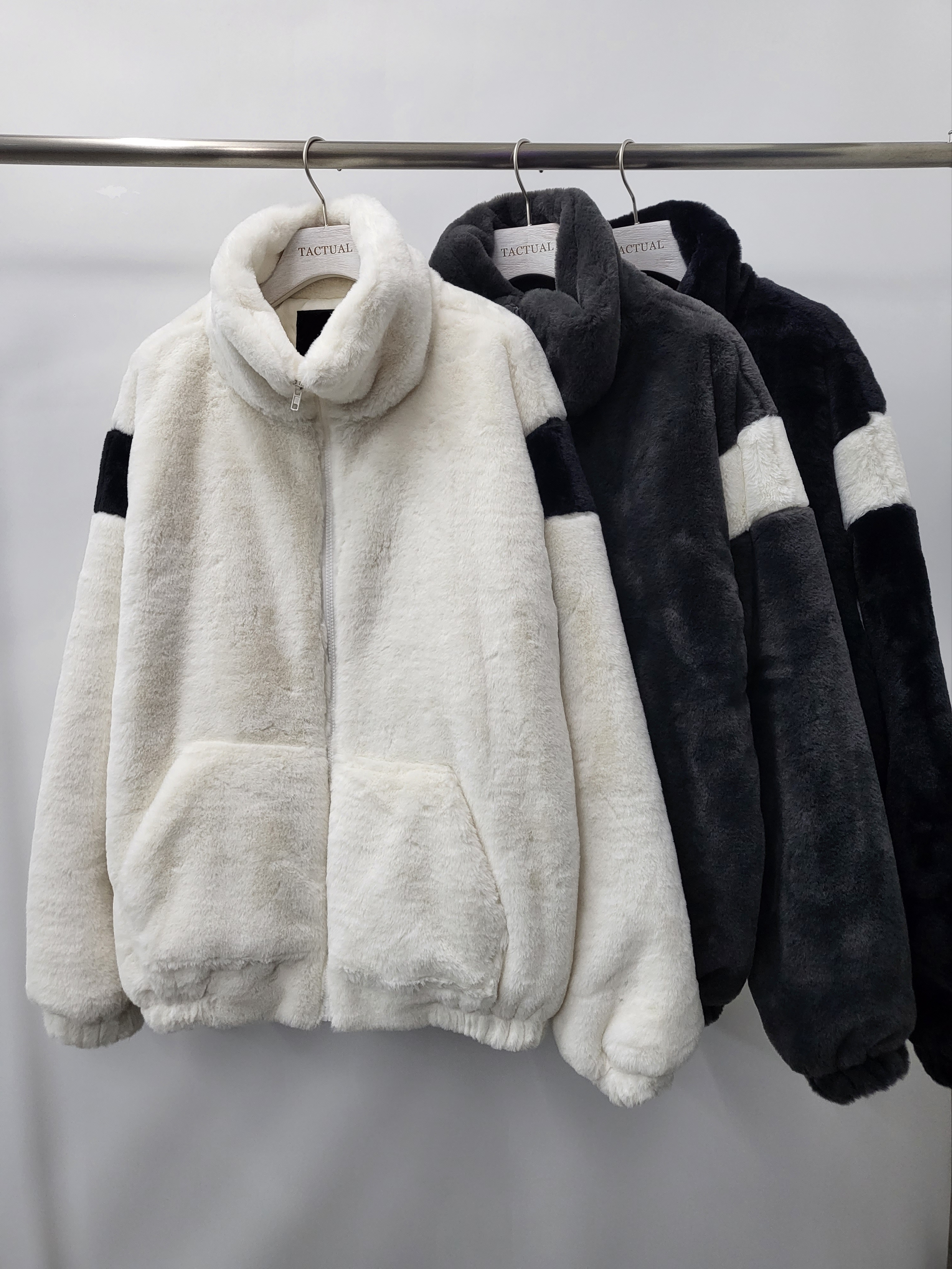 拼色企領拉鍊毛毛褸(薄夾棉) JK2473